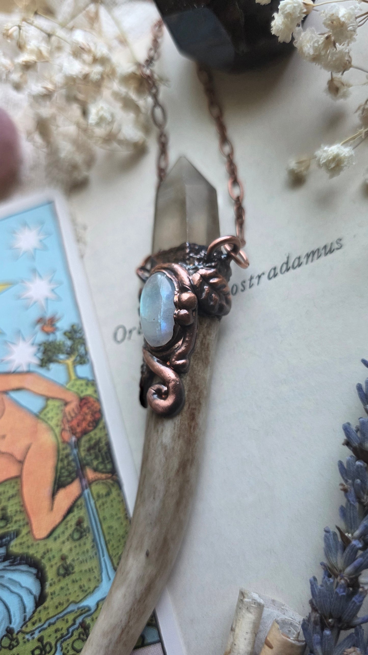 Valor: Natural Antler Shed Tip with Moonstone and Rutilated Quartz
