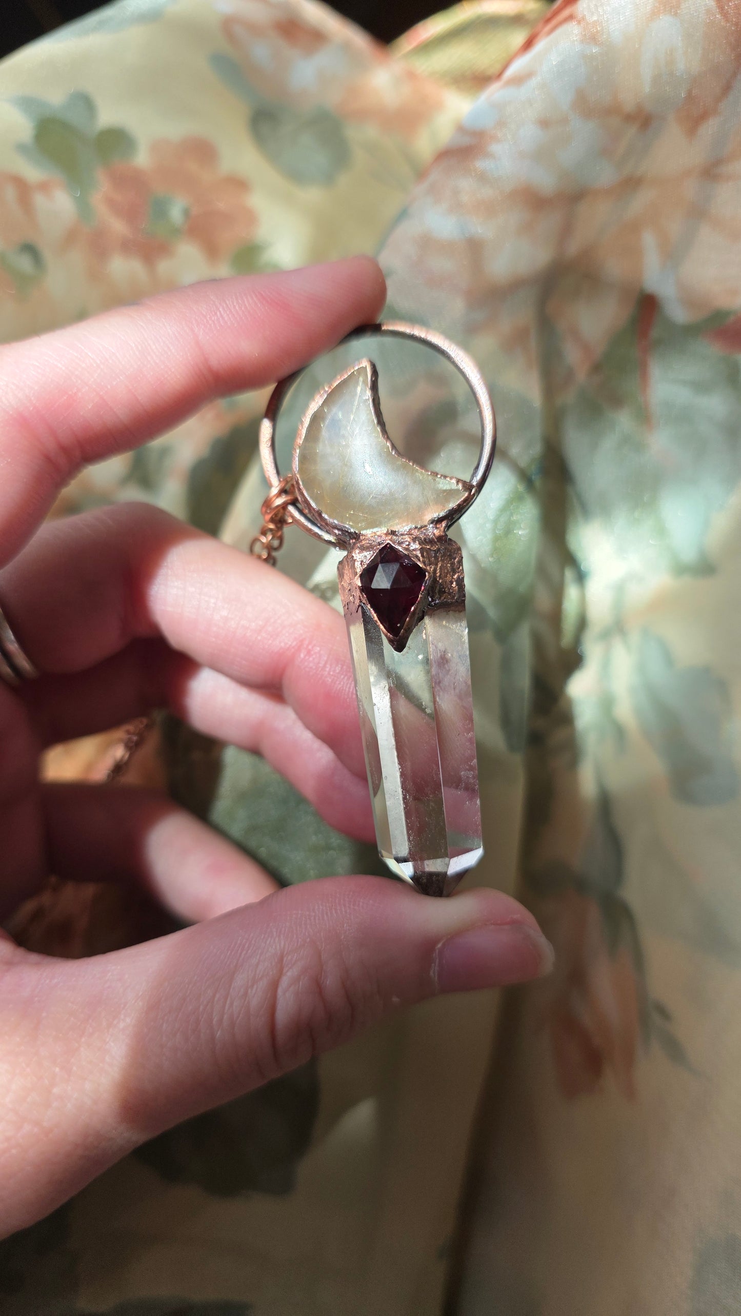 Smokey Quartz with Garnet and Rutilated Quartz Moon Copper Pendant