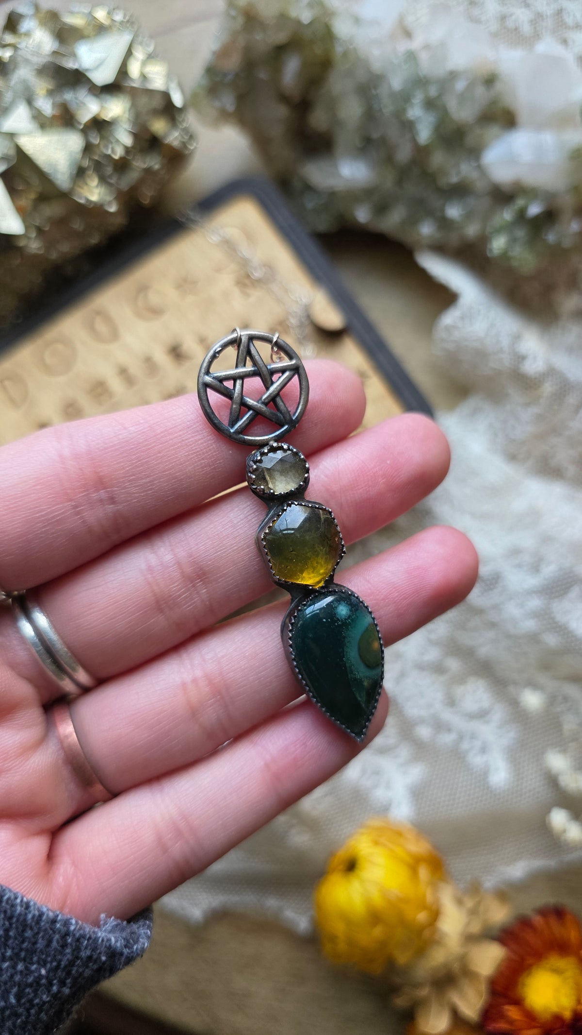 jdrewsilvers and xtwii collaboration:  Sterling Silver Pentacle Necklace with Ocean Jasper, Amber, and Citrine
