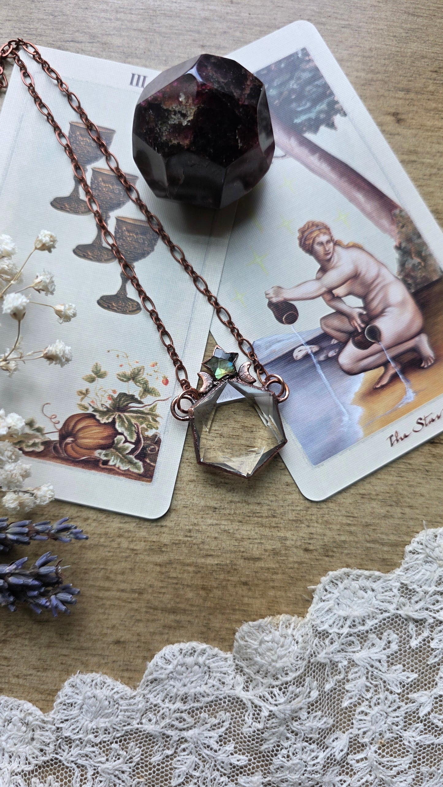 Quartz Hexagon with Labradorite Star Copper Necklace
