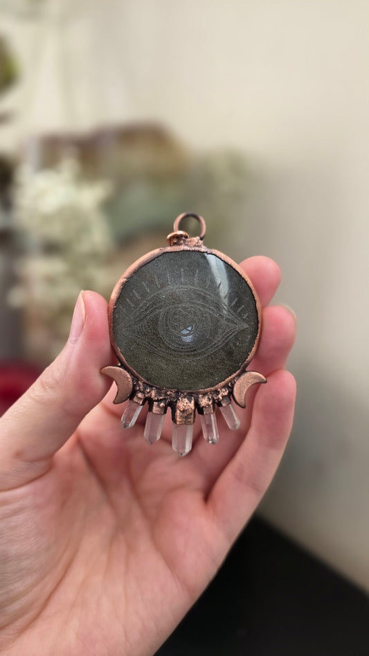 Gold sheen obsidian eye engraved copper pendant with quartz