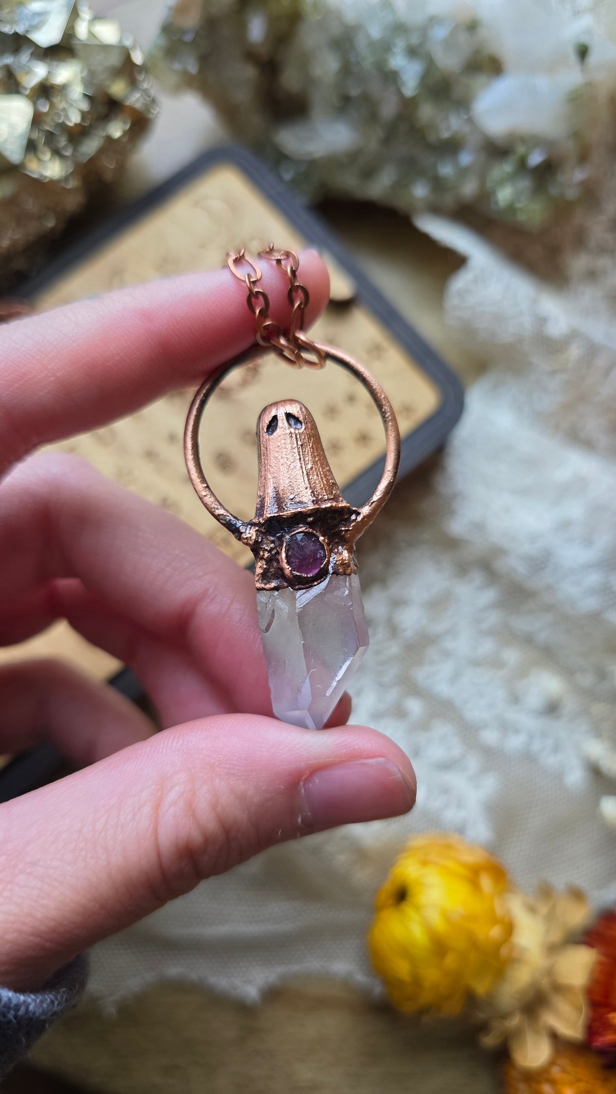 jdrewsilvers and xtwii collaboration: Quartz and Pink Tourmaline Copper Sheet Ghost Necklace