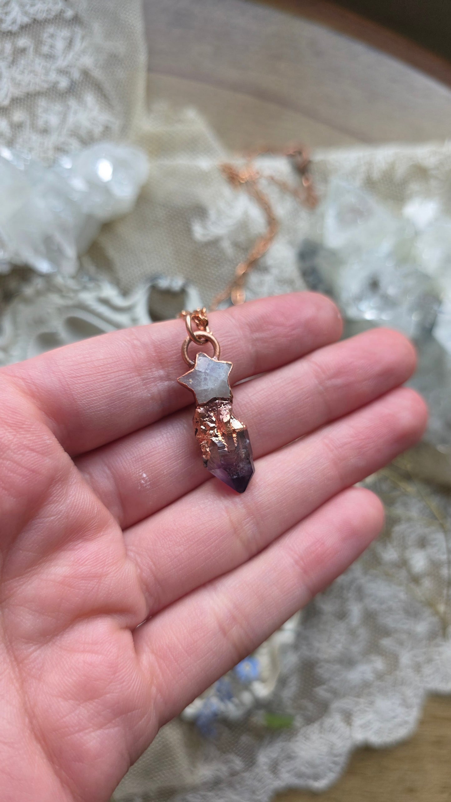 The High Priestess: Smokey Amethyst with Moonstone Star Copper Necklace