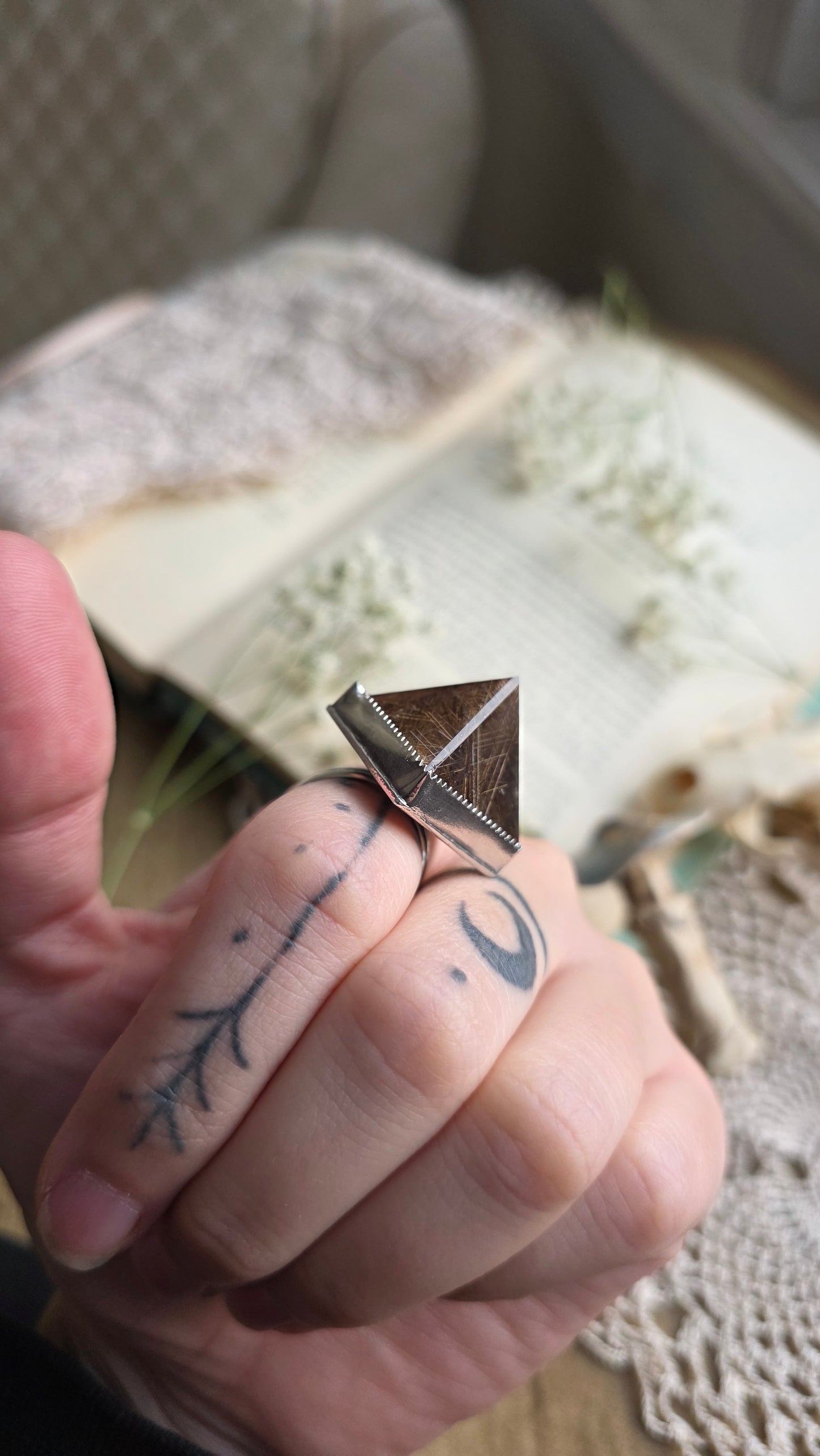 Rutilated Quaryz Pyramid Sterling Silver Ring Size 7 1/4 US