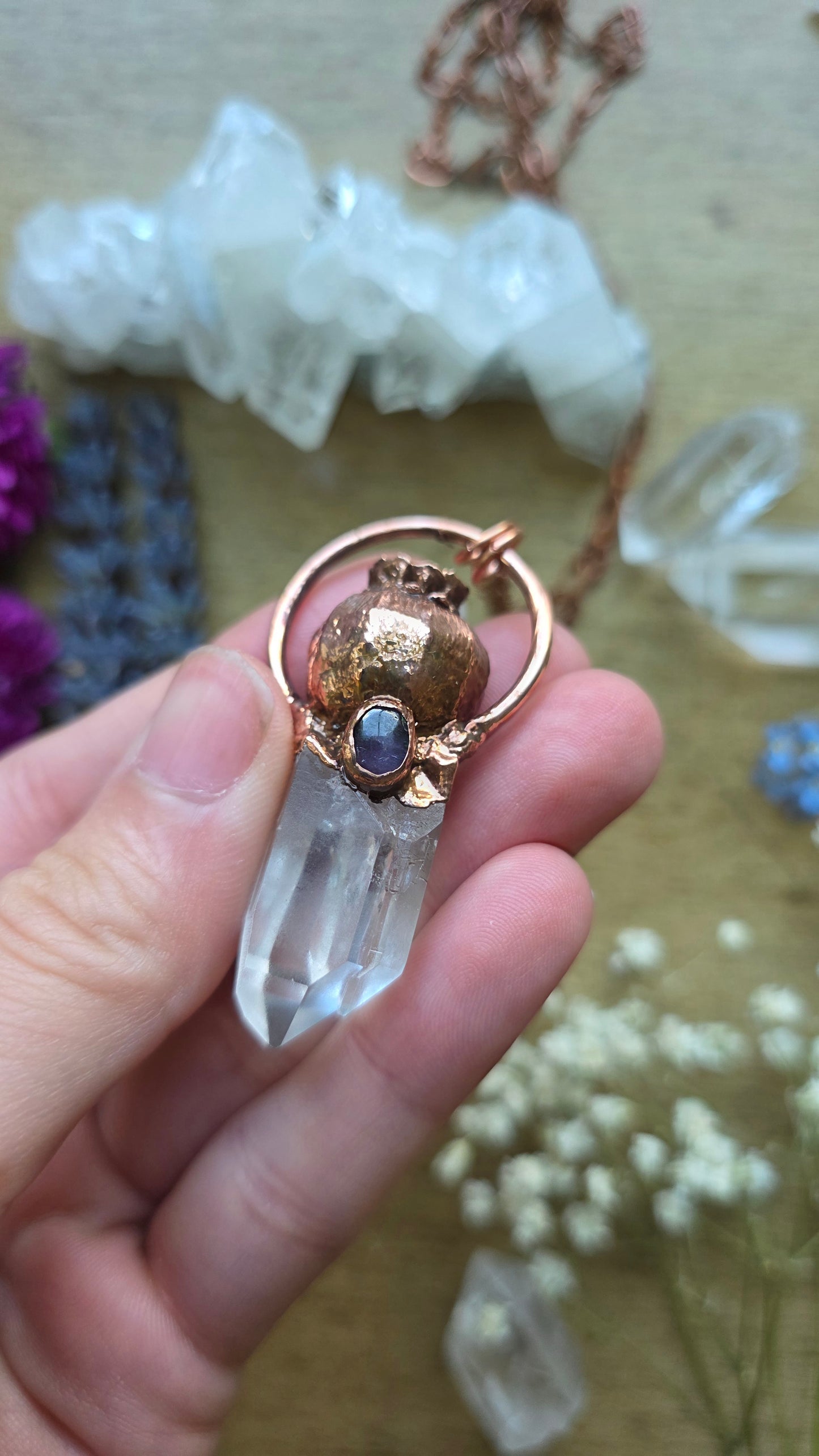 Copper Encased Poppy Pod with Quartz and Tanzanite