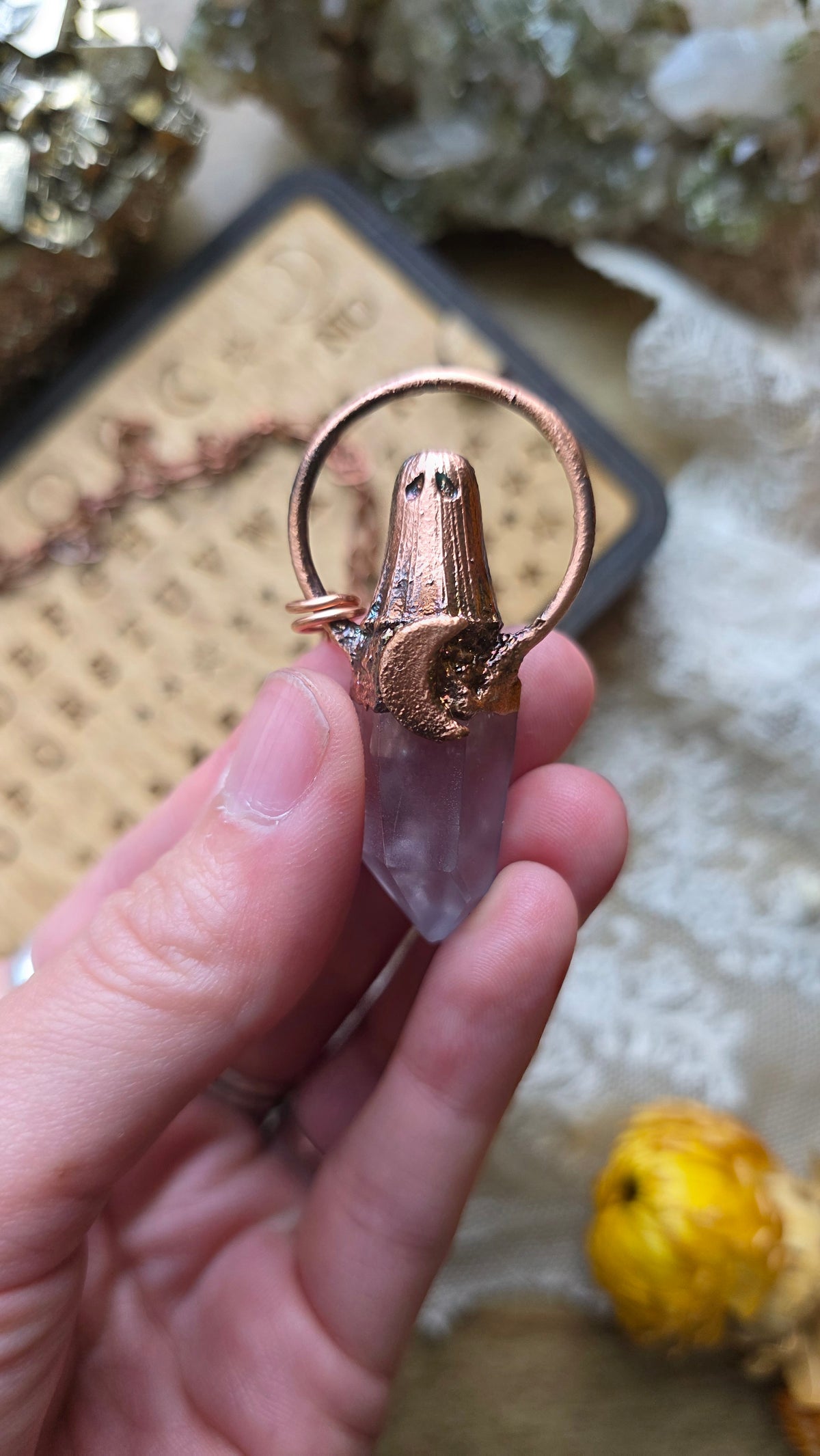 jdrewsilvers and xtwii collaboration: Copper Quartz Sheet Ghost Necklace