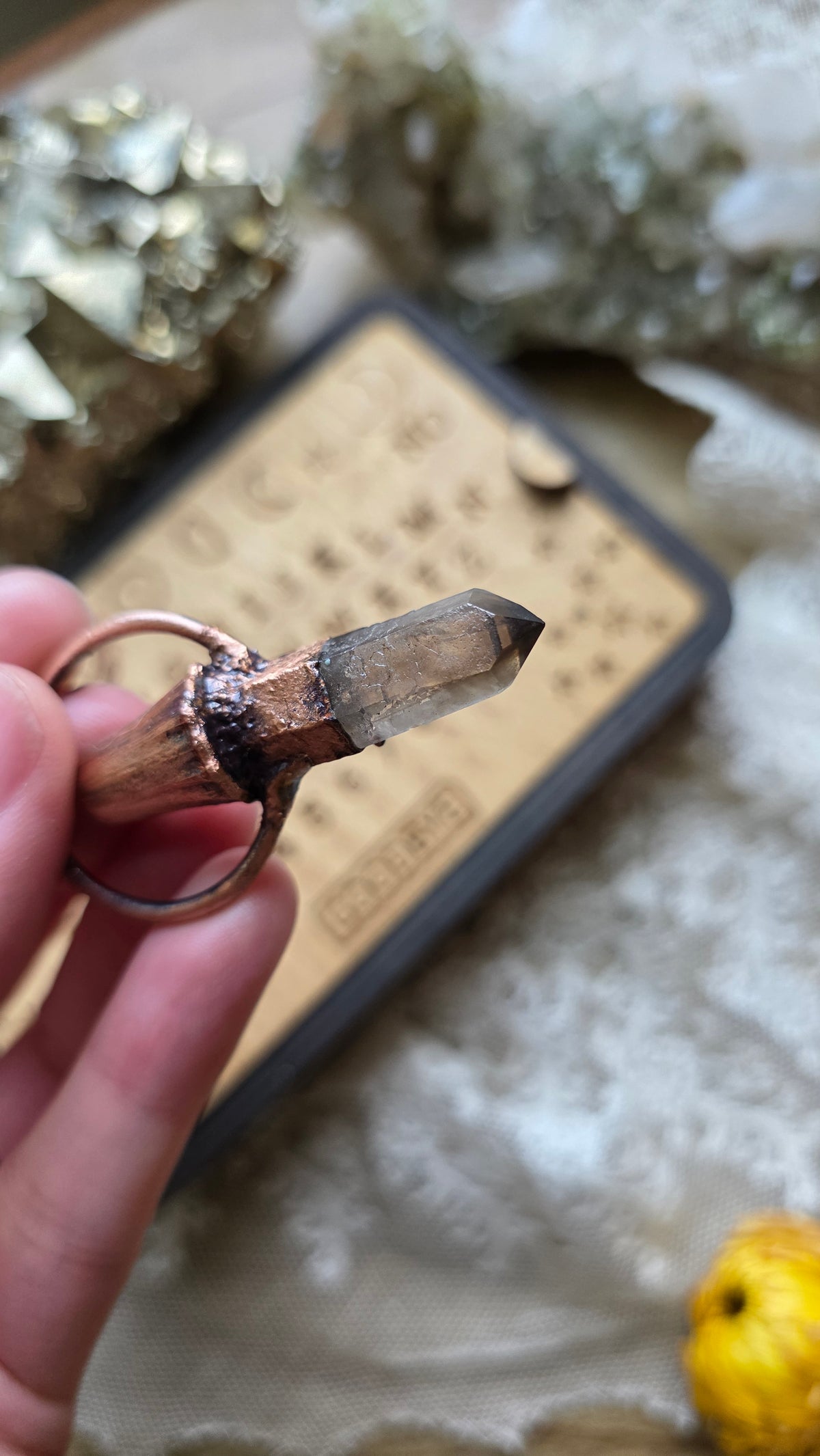 jdrewsilvers and xtwii collaboration: Smokey Quartz Copper Sheet Ghost Necklace