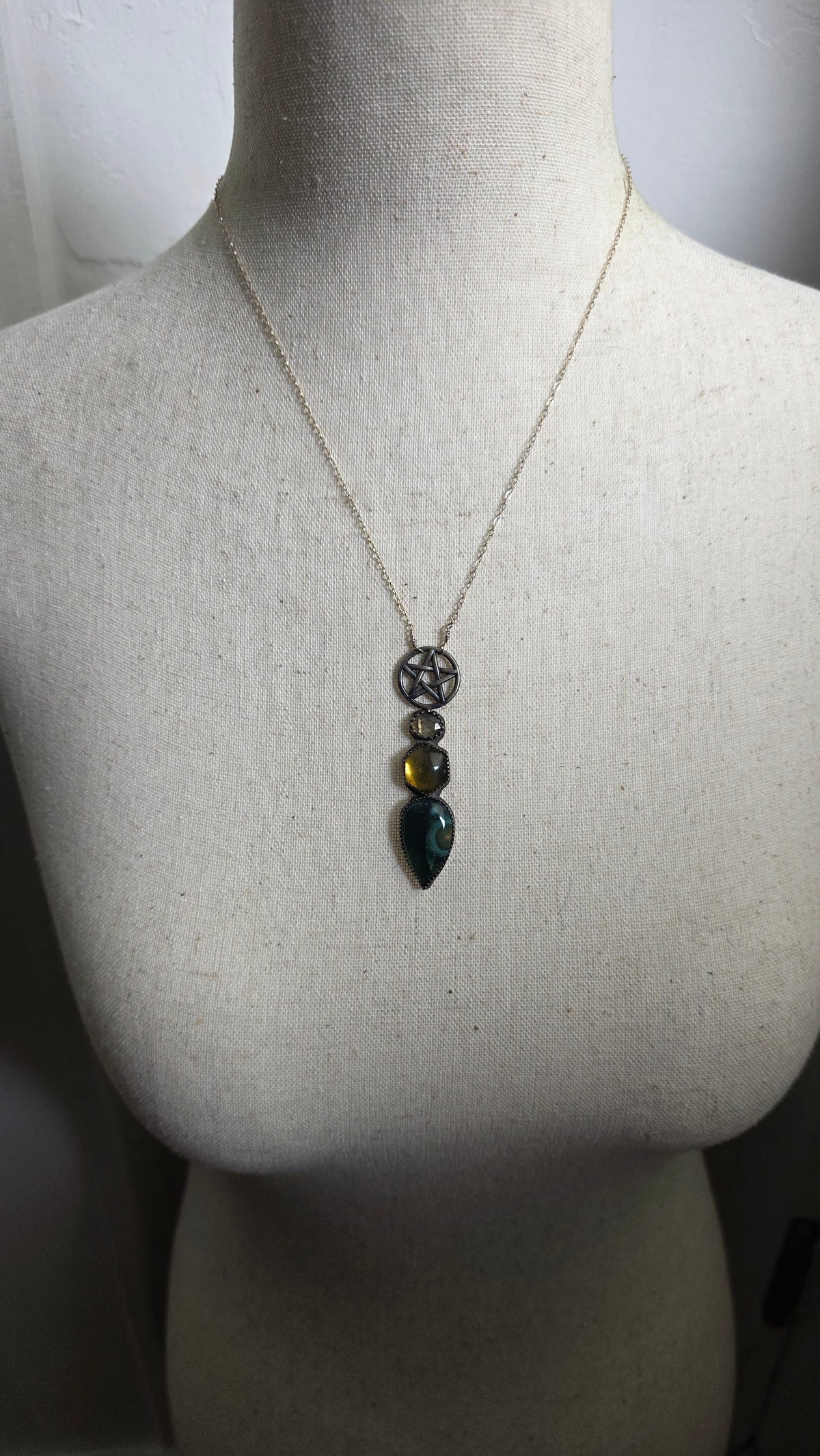 jdrewsilvers and xtwii collaboration:  Sterling Silver Pentacle Necklace with Ocean Jasper, Amber, and Citrine