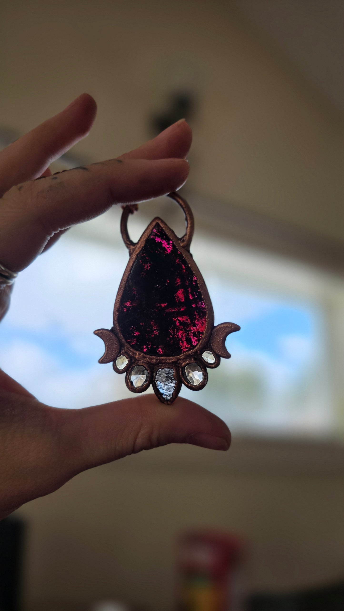 Gemmy Garnet with Tourmalinated Quartz, Smokey Quartz, and Citrine Copper Pendant