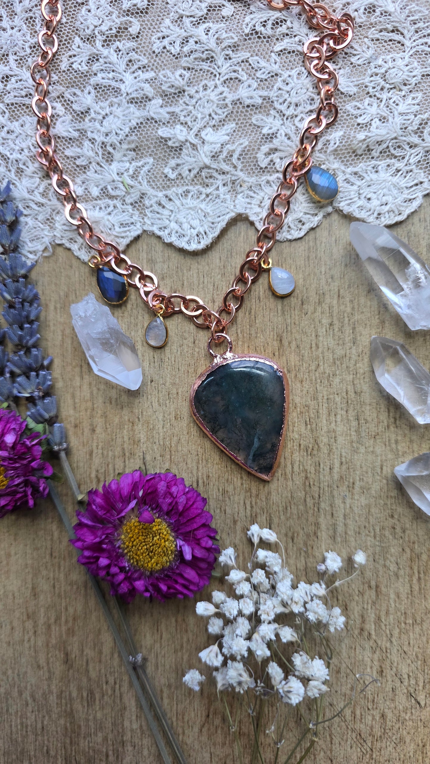 Moss Agate with Moonstone and Labradorite Copper Necklace