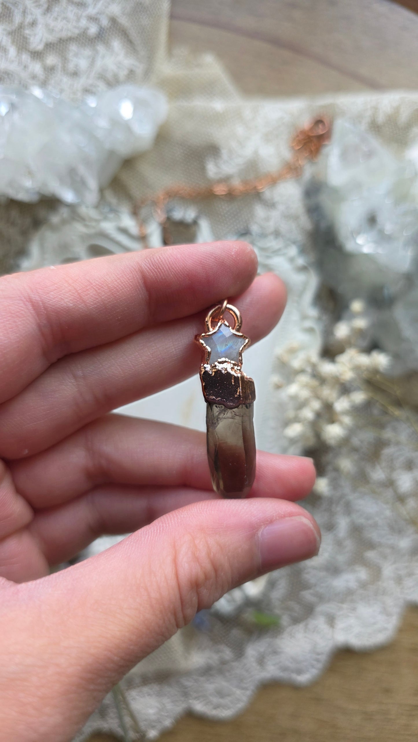 The High Priestess: Smokey Quartz and Moonstone Star Copper Necklace