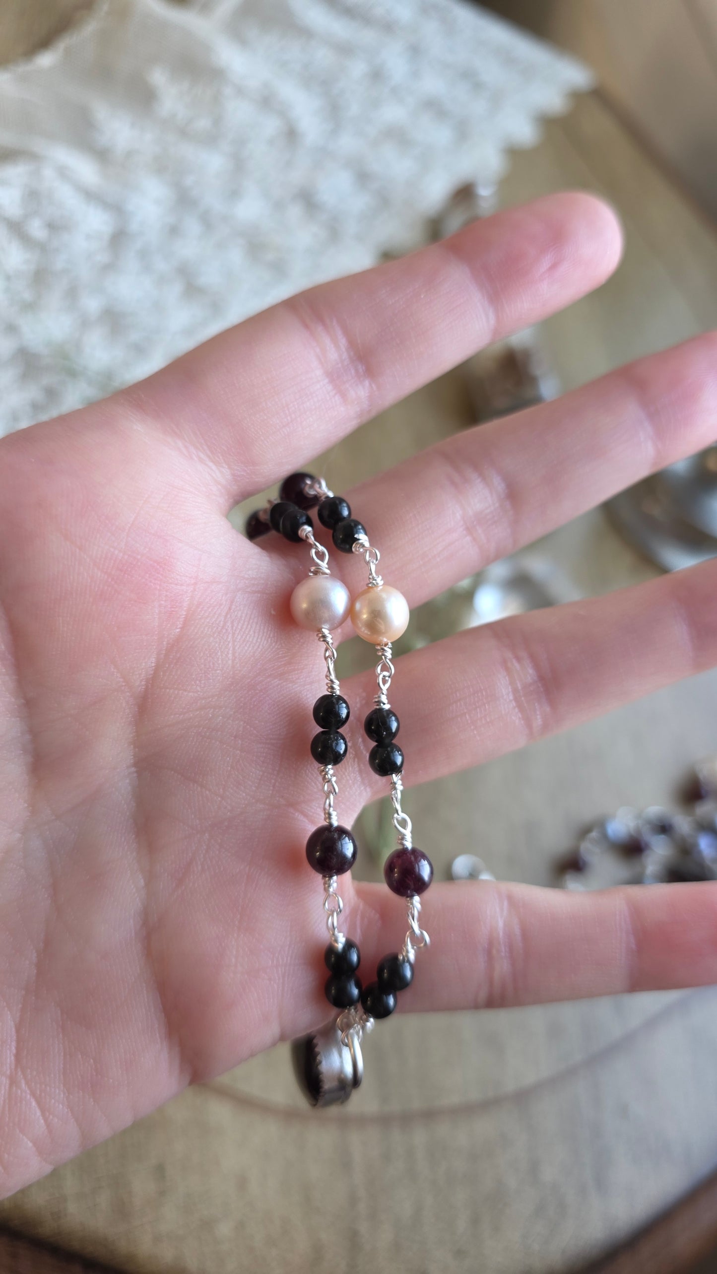 Sterling Silver Garnet, Pearl, and Obsidian Necklave