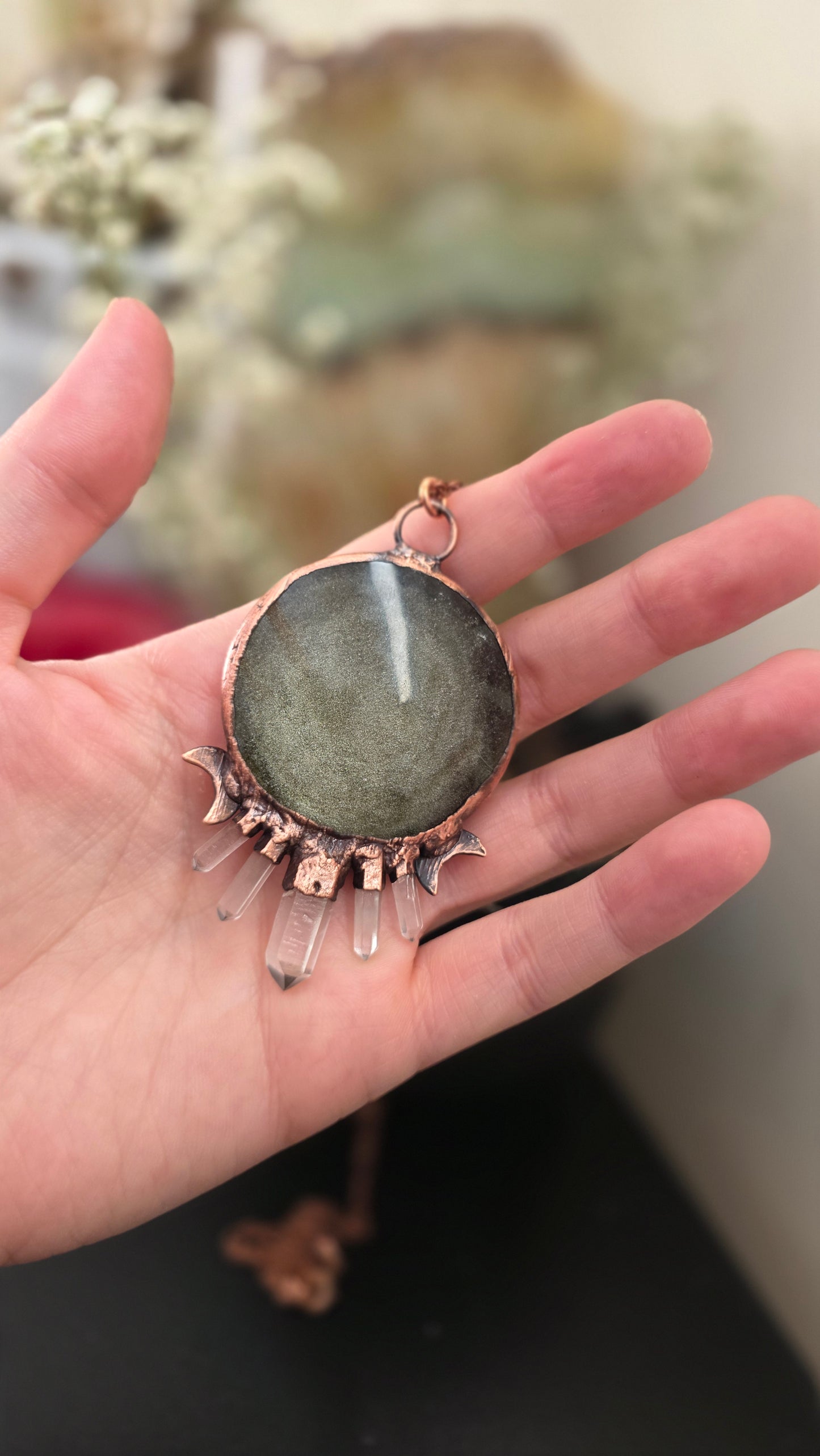 Gold sheen obsidian moth engraved copper pendant with quartz