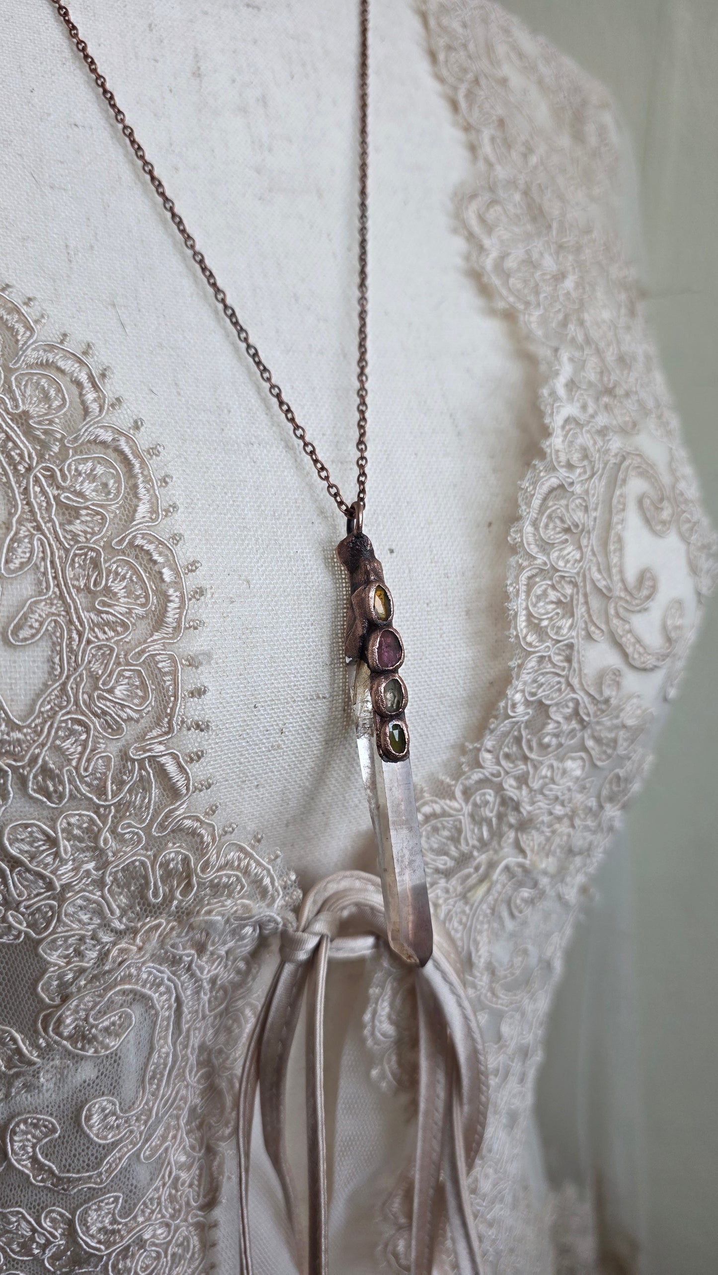 Singing Smokey Quartz Point with Tourmaline Copper Pendant