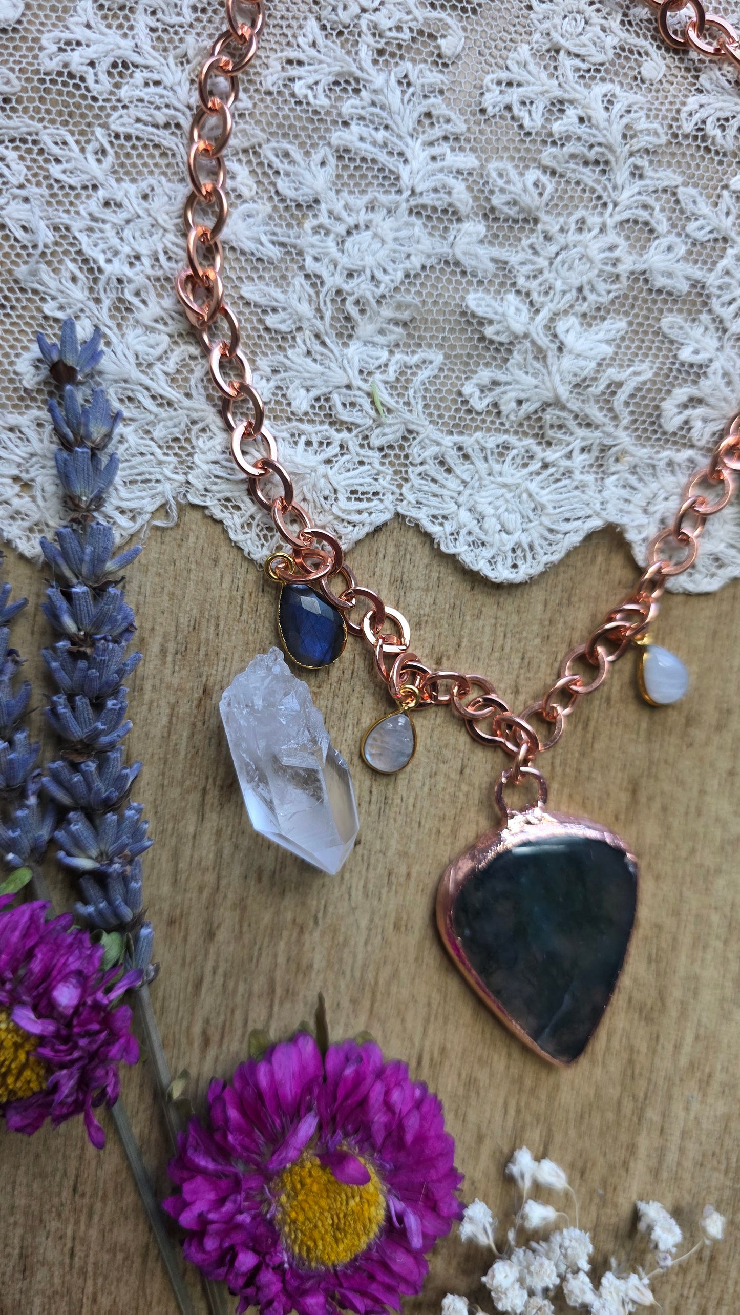 Moss Agate with Moonstone and Labradorite Copper Necklace