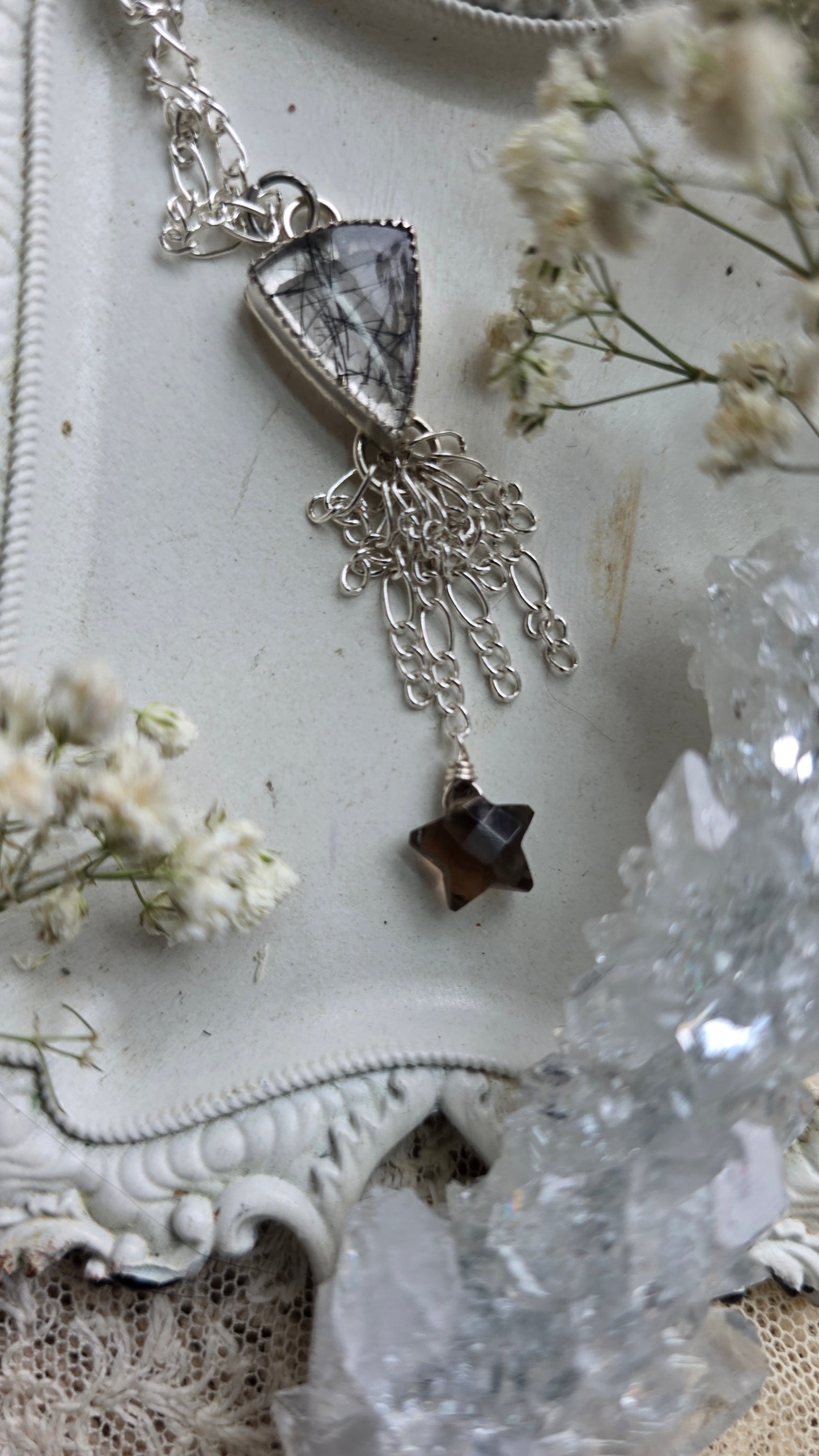 Sterling Silver Tourmalinated Quartz Chandelier Necklace with Smokey Quartz Star