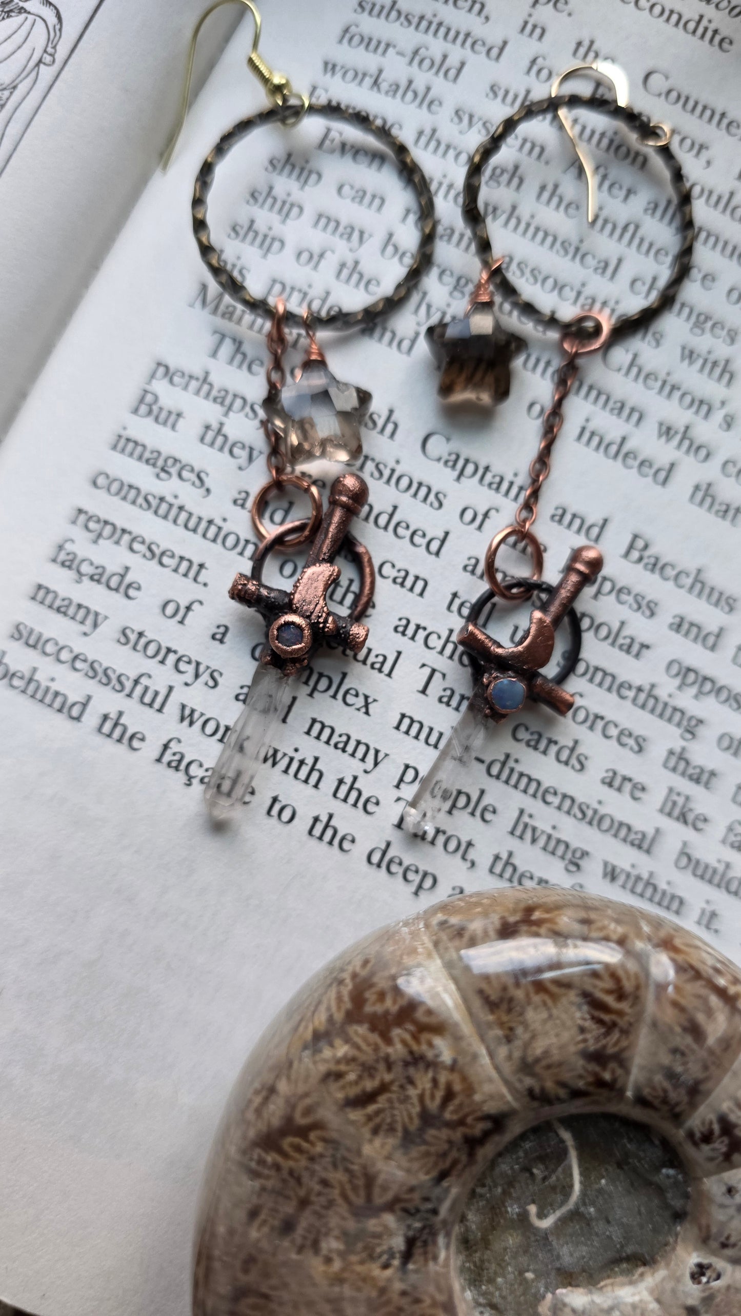 Quartz sword earrings with Australian opal and smokey quartz star dangle earrings