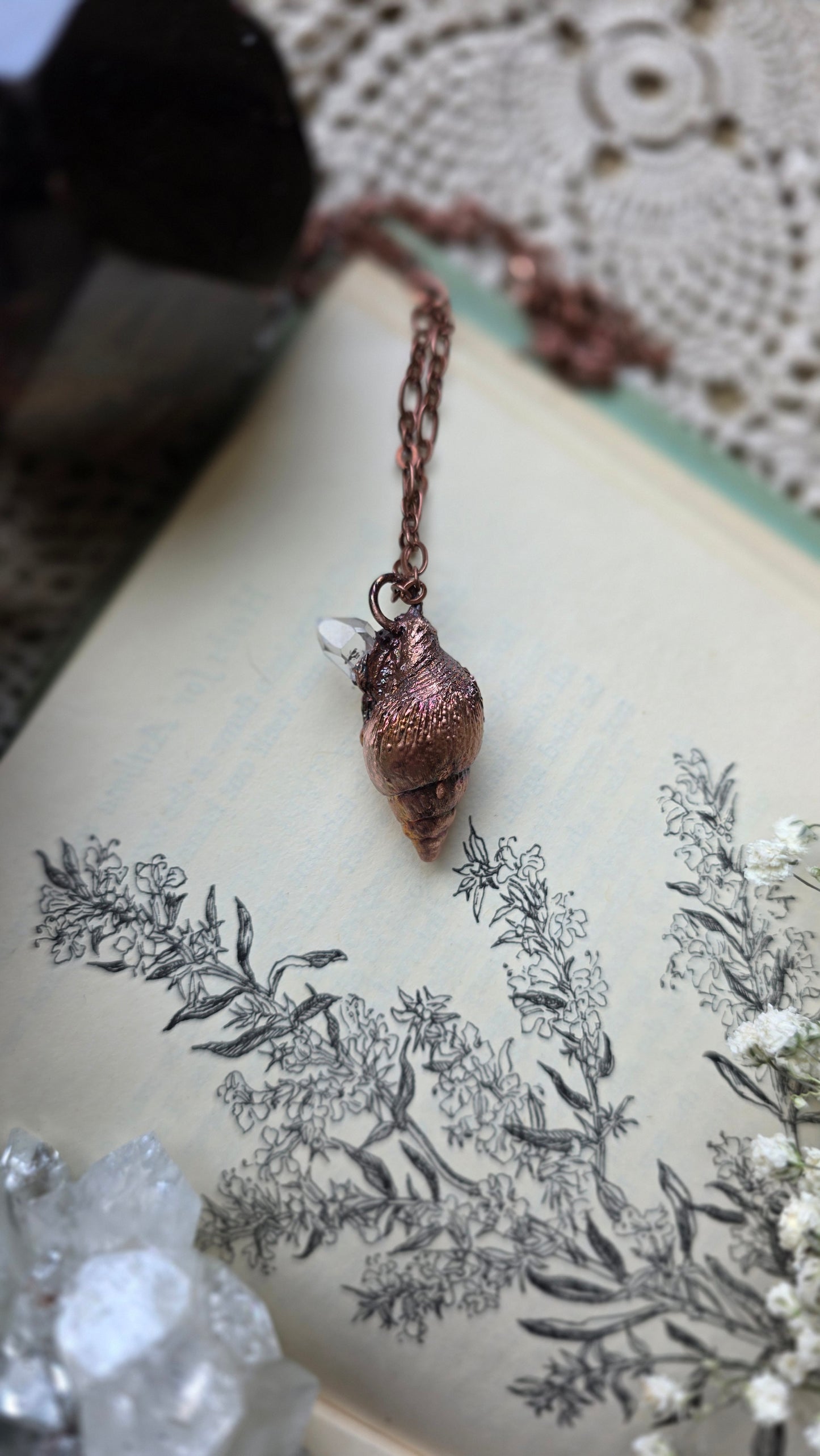 Rooted: Real Shell with Quartz Point Copper Necklace