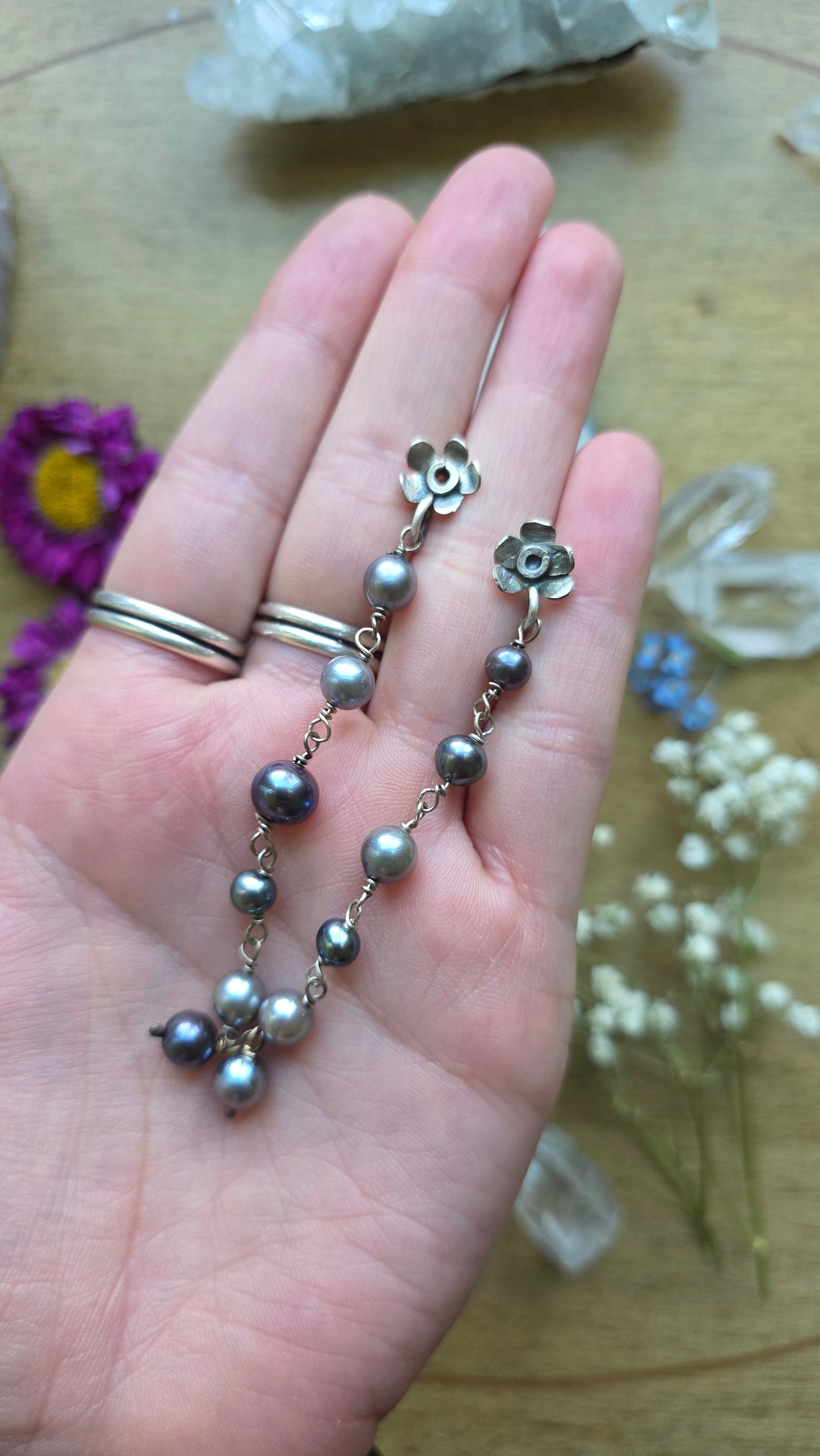 Forget-me-not Sterling Silver fabricated earrings with pearl