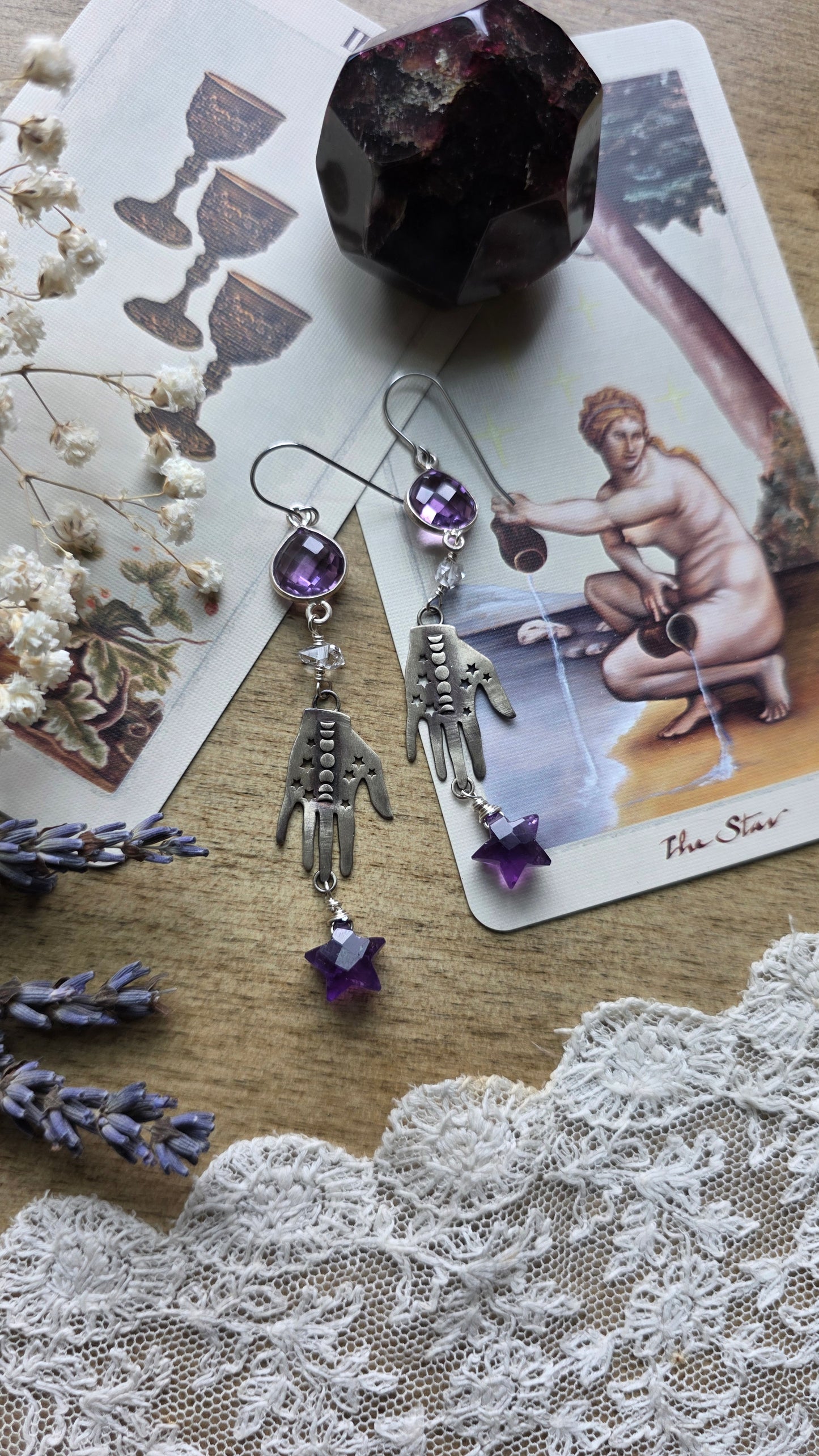 Sterling Silver Palmistry Moonphase Earrings with Amethyst