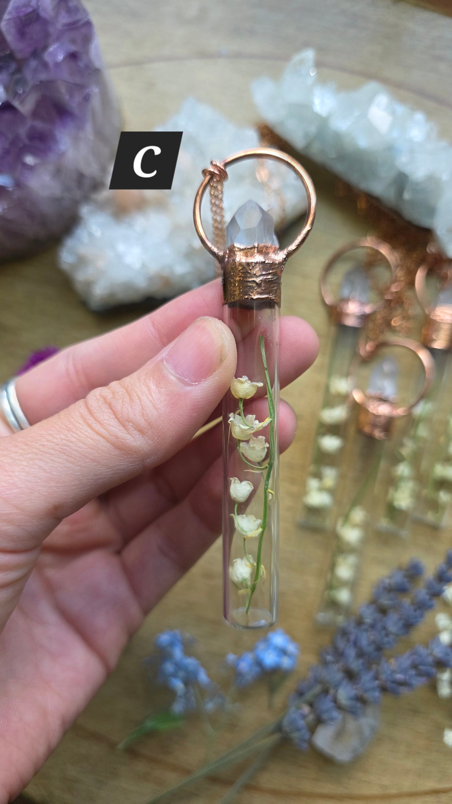 Lily of the Valley Copper Vial Necklace with Quartz