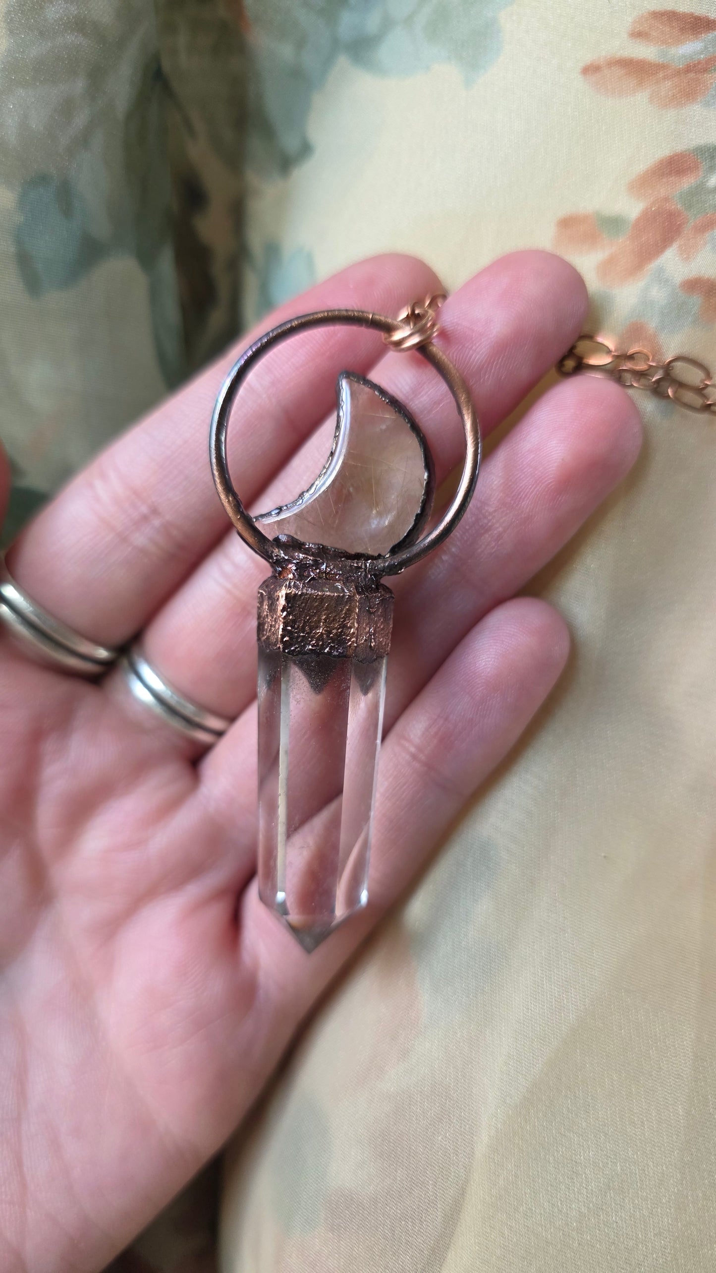 Smokey Quartz with Garnet and Rutilated Quartz Moon Copper Pendant