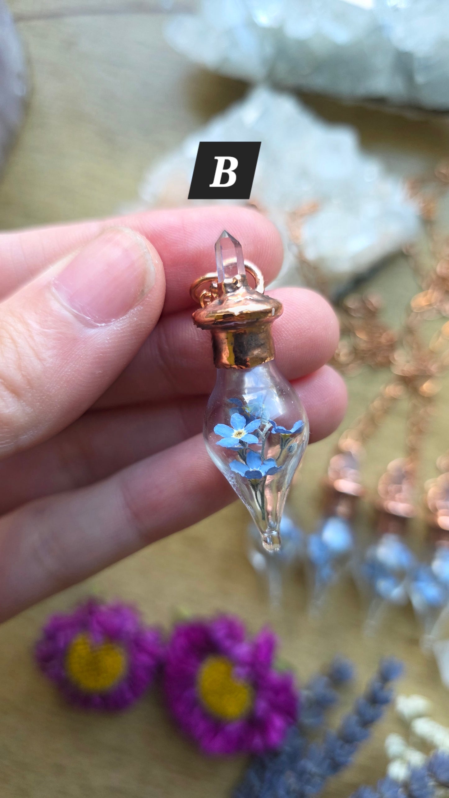 Forget-me-not copper glass vial pendant with quartz