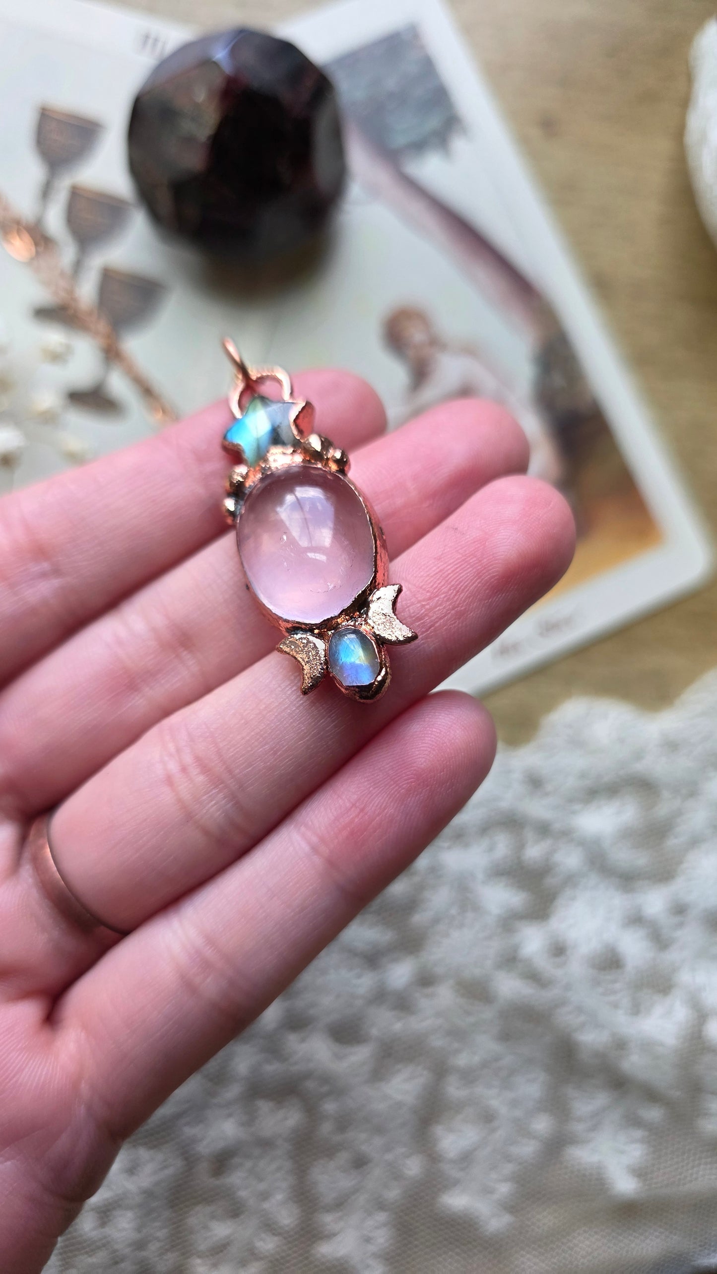 Mozambique Rose Quartz with Labradorite Star and Moonstone Copper Necklace
