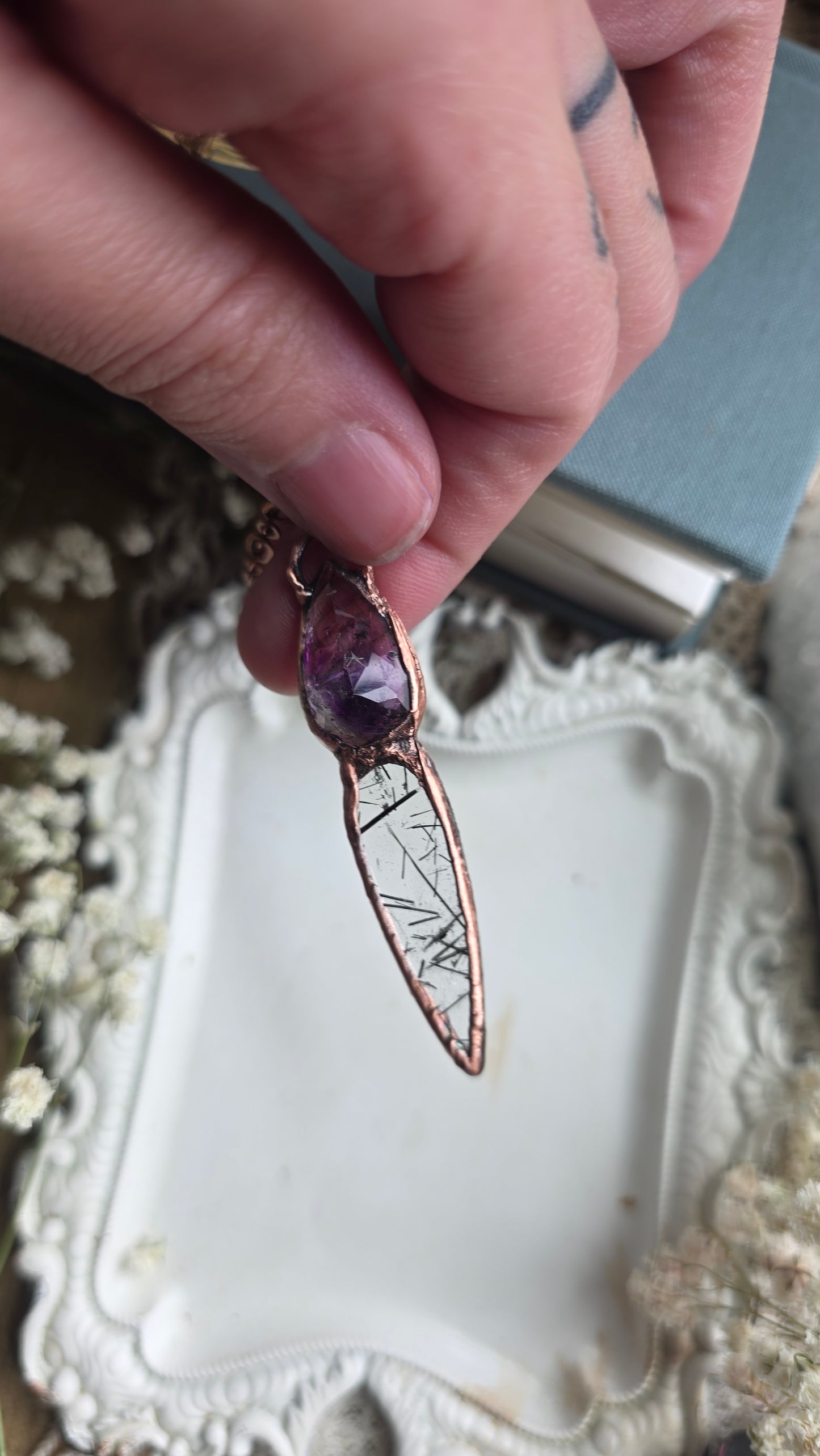 Smokey Amethyst with Tourmalinated Quartz Copper Pendant