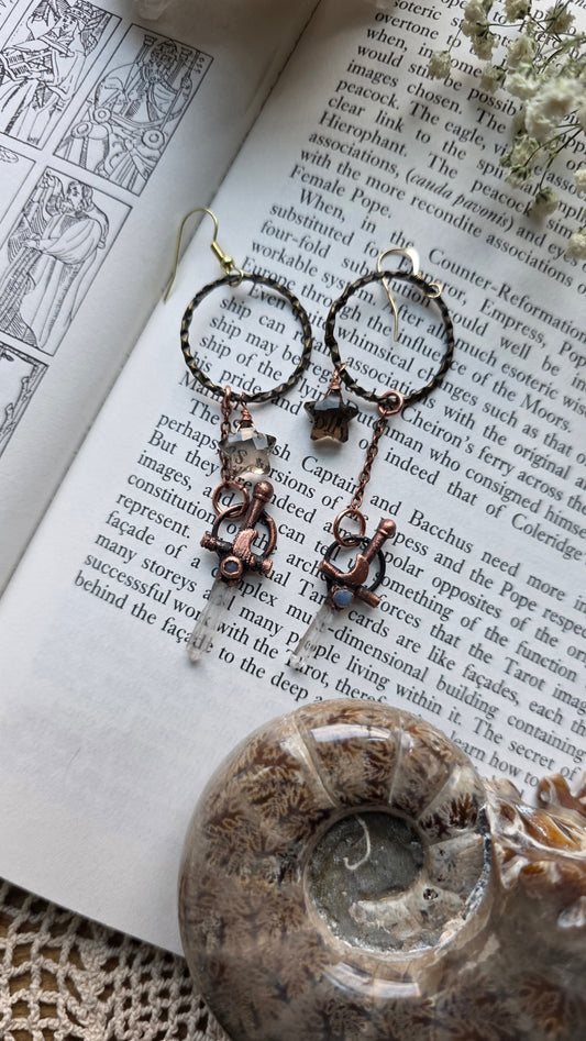 Quartz sword earrings with Australian opal and smokey quartz star dangle earrings