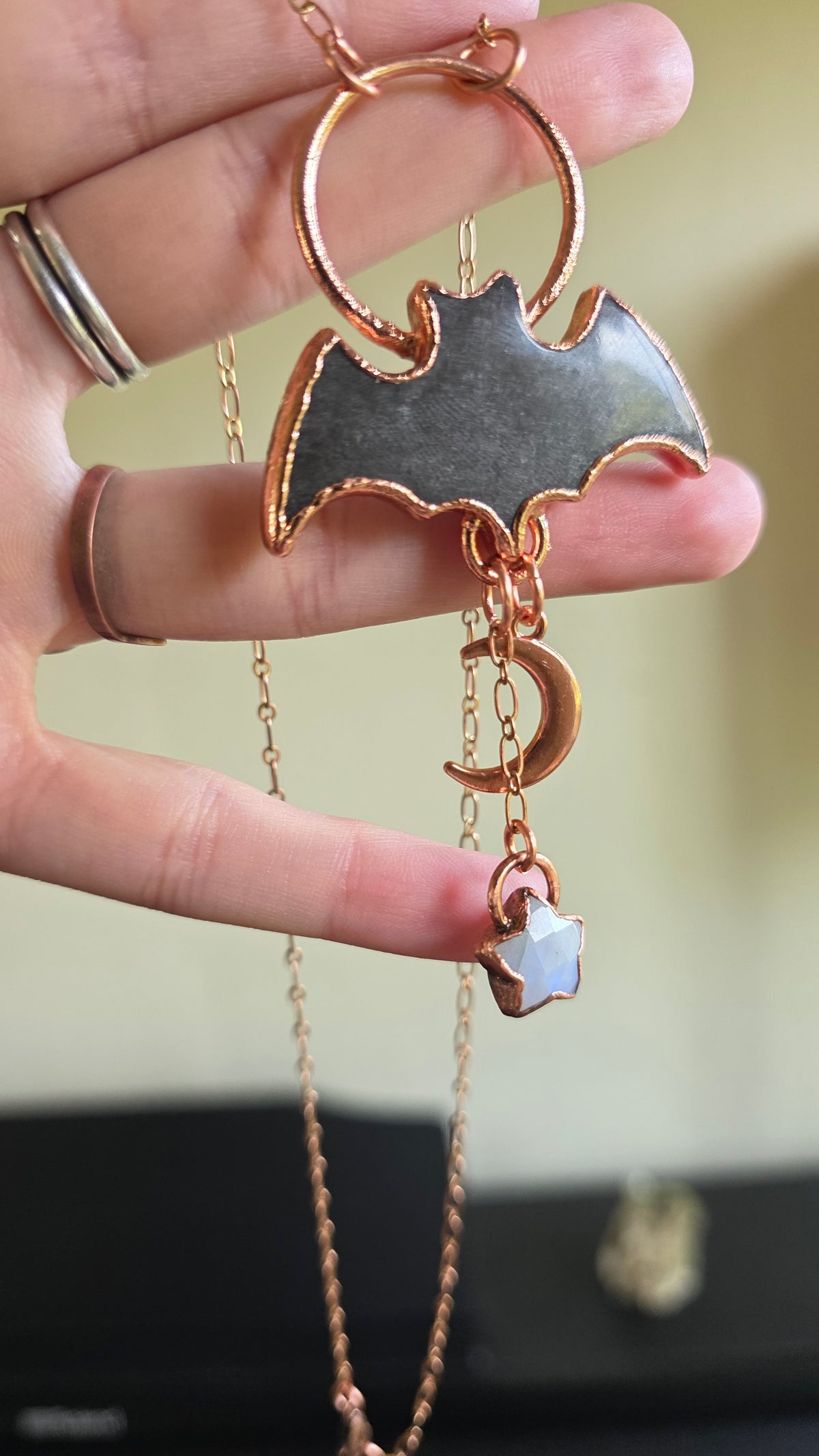 jdrewsilvers and xtwii collaboration: Silver Sheen Obsidian Bat Copper Necklace