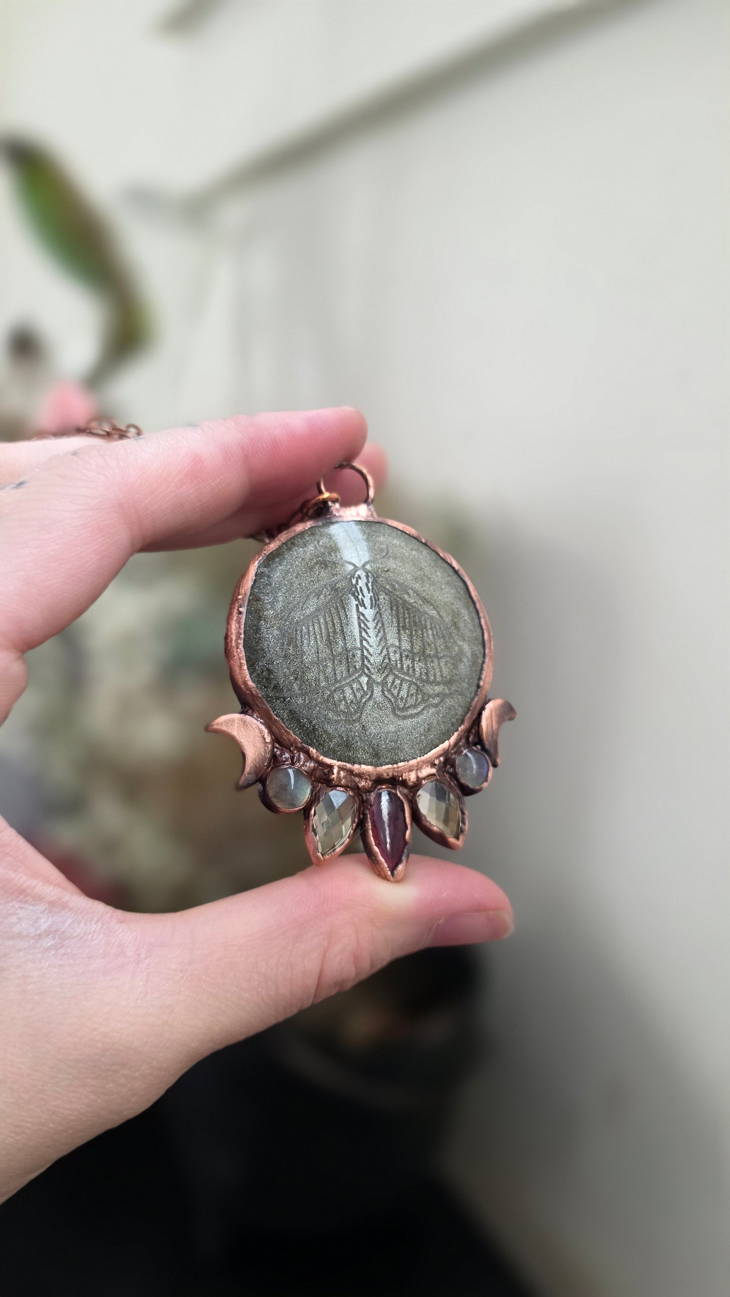 Gold sheen obsidian moth engraved copper pendant with garnet, citrine, and labradorite