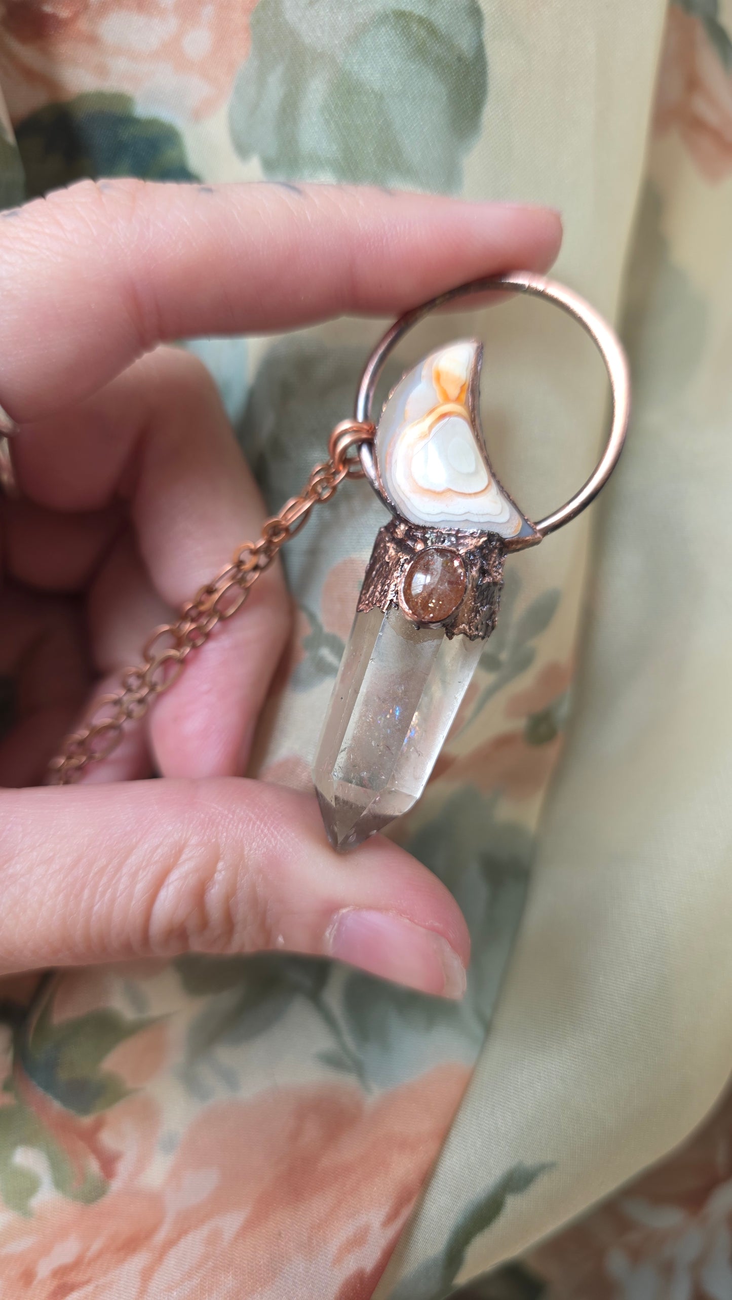 Quartz with Sunstone and Crazy Lace Agate Moon Copper Pendant