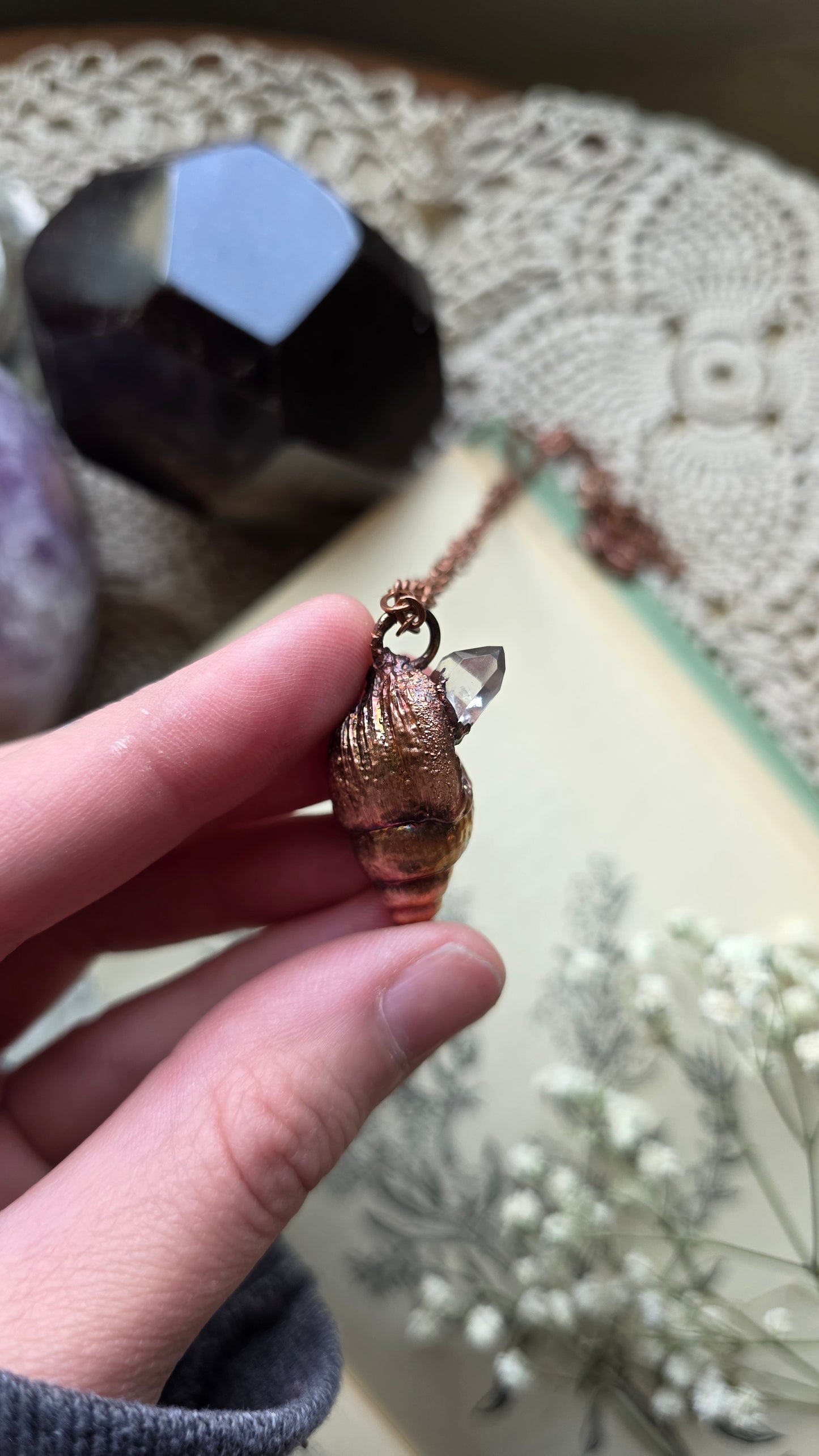 Rooted: Real Shell with Quartz Point Copper Necklace