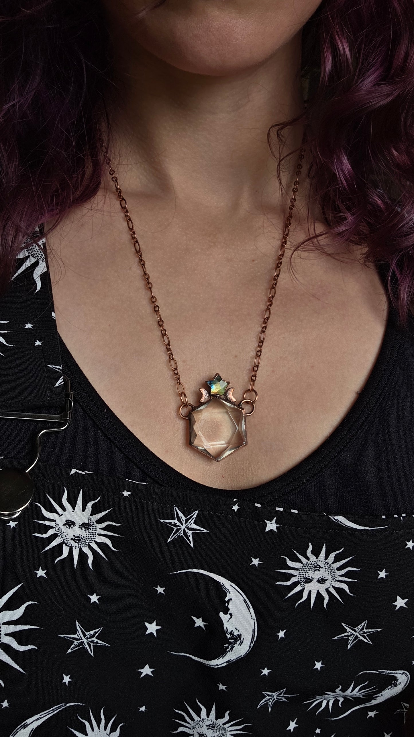 Quartz Hexagon with Labradorite Star Copper Necklace