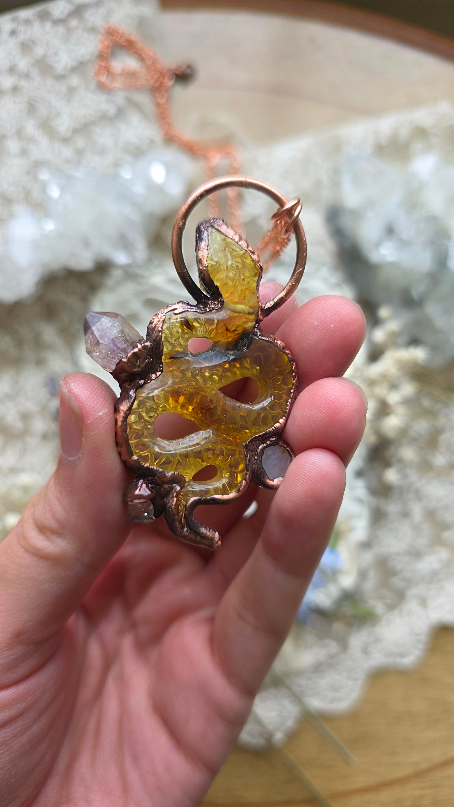 The High Priestess: Chiapas Amber Snake with Moonstone, Amethyst and Herkimer Copper Necklace