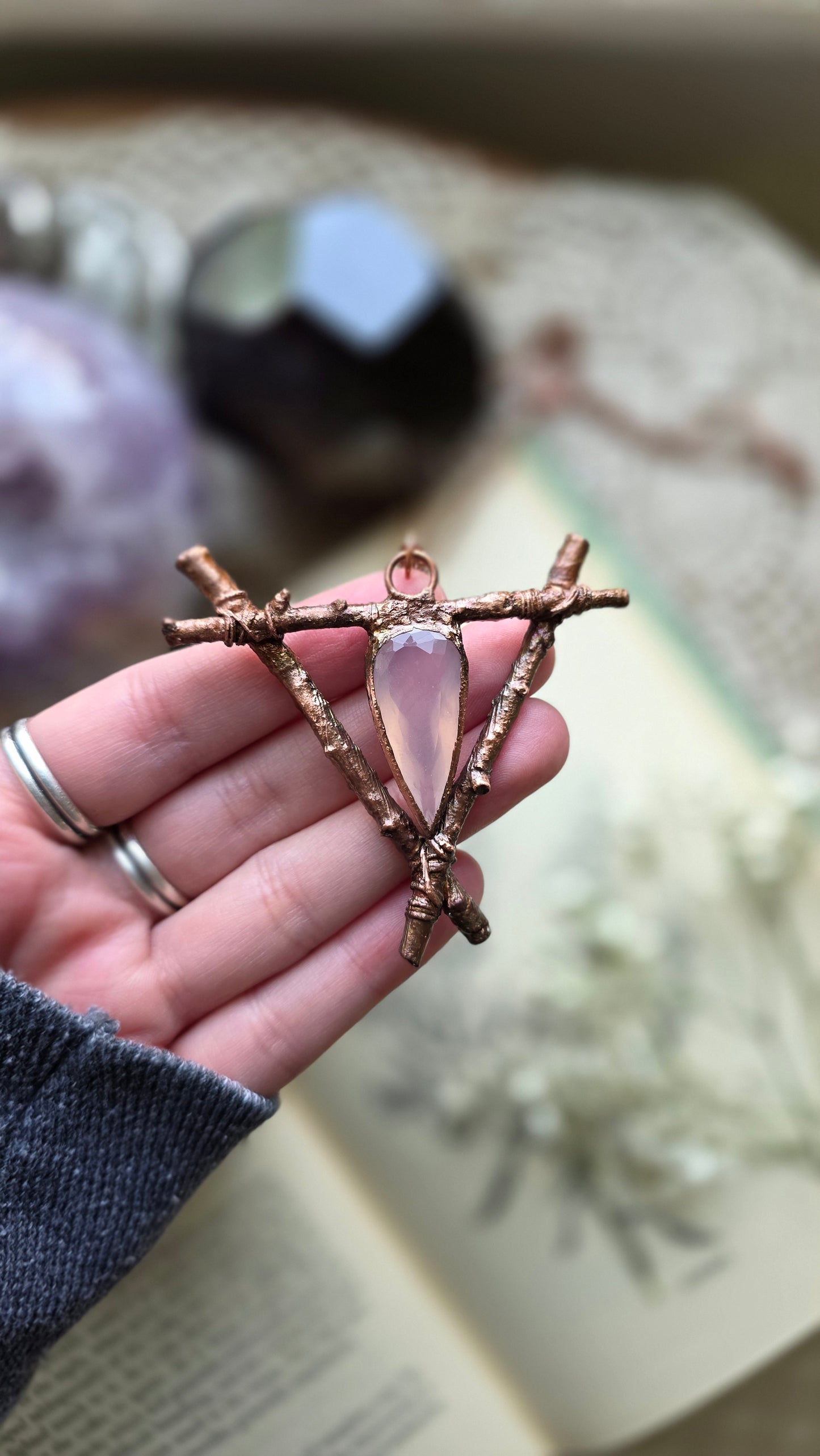 Rooted: Rose Quartz and Twig Copper Necklace