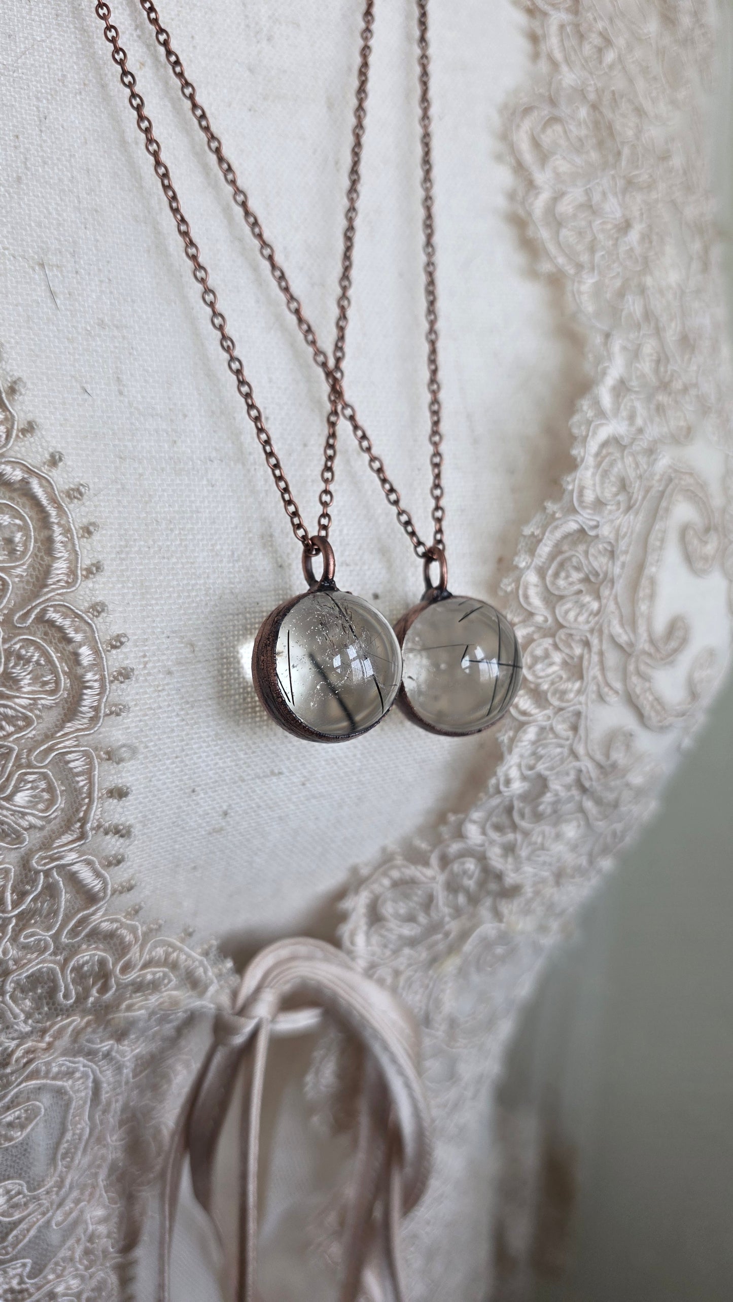 Tourmalinated Quartz Sphere Copper Pendant