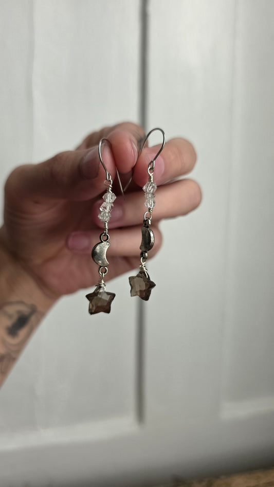 Smokey Quartz Star and Herkimer Quartz Dangle Earrings
