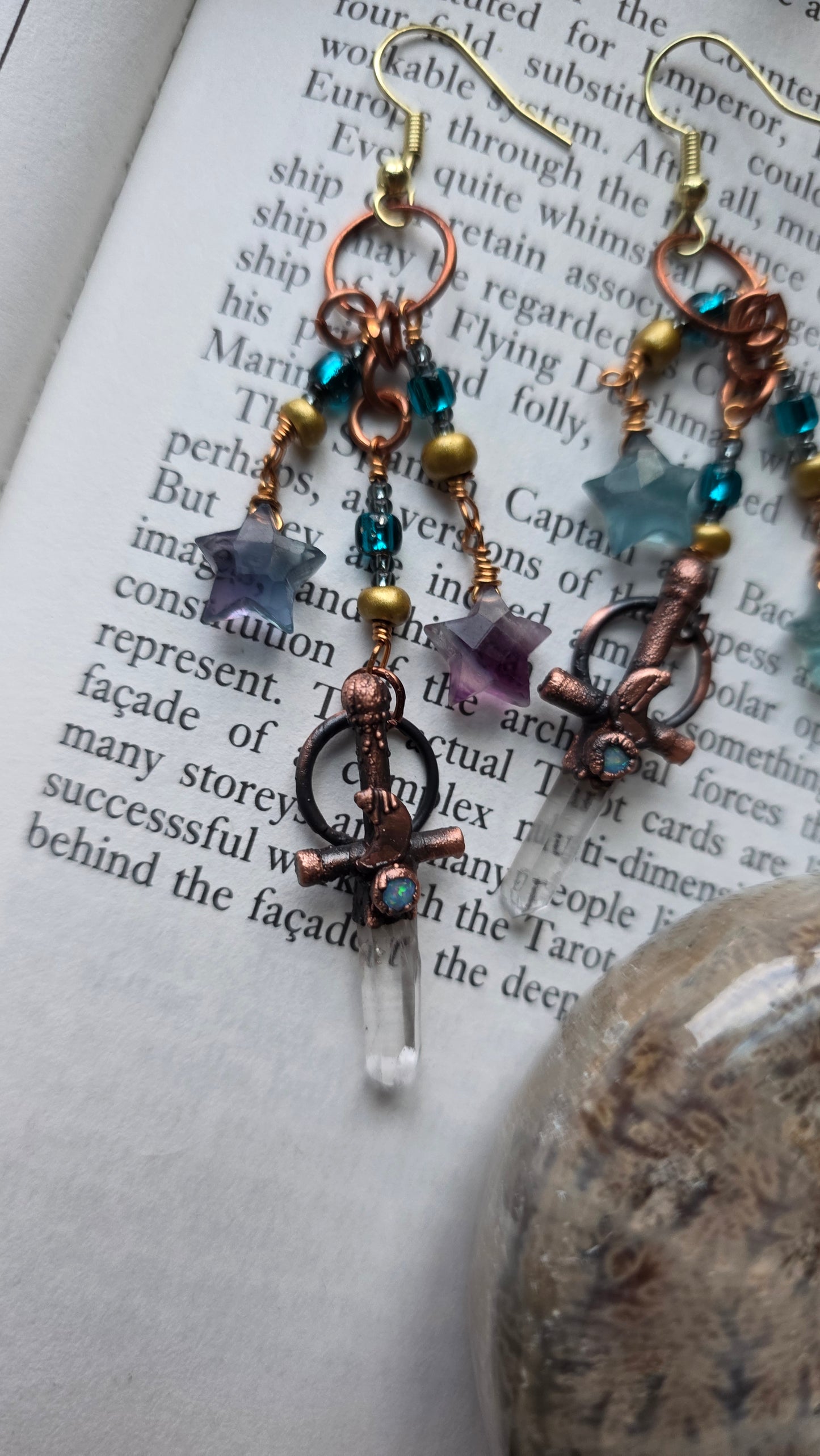 Quartz sword copper earrings with Australian opal and fluorite stars