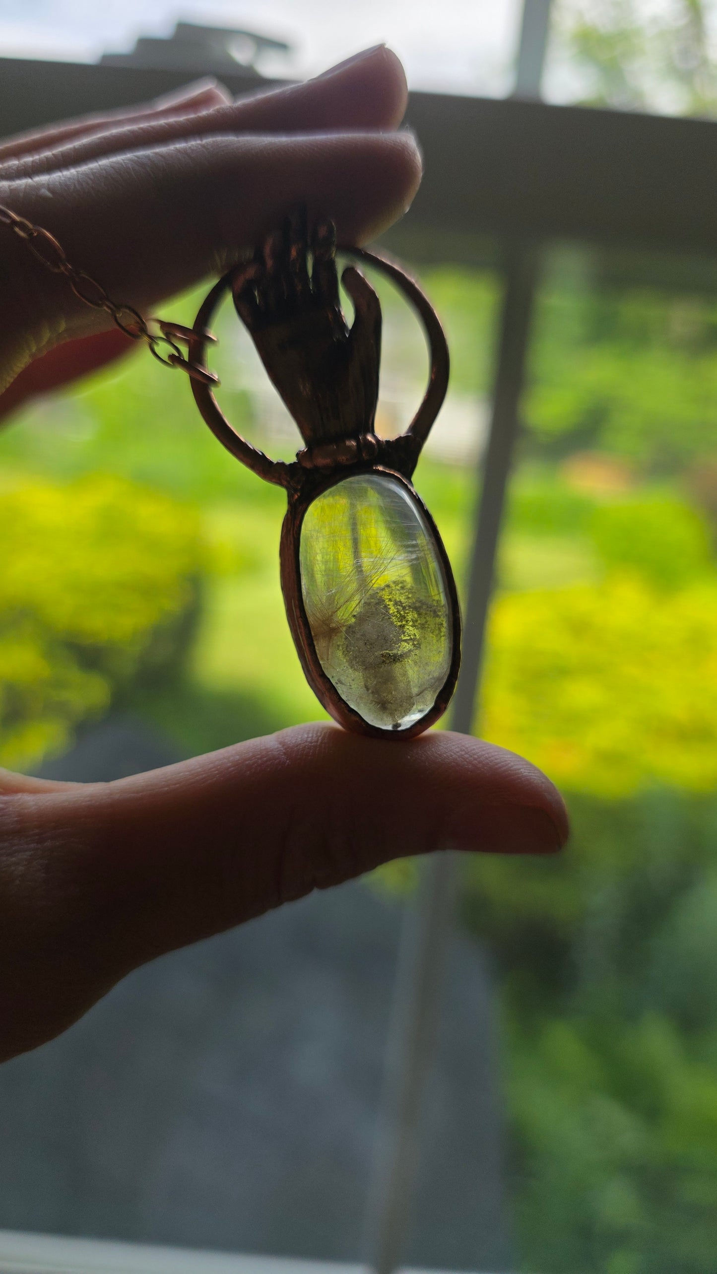 The High Priestess: Lodolite Rutile Phantom Copper Hand Necklace