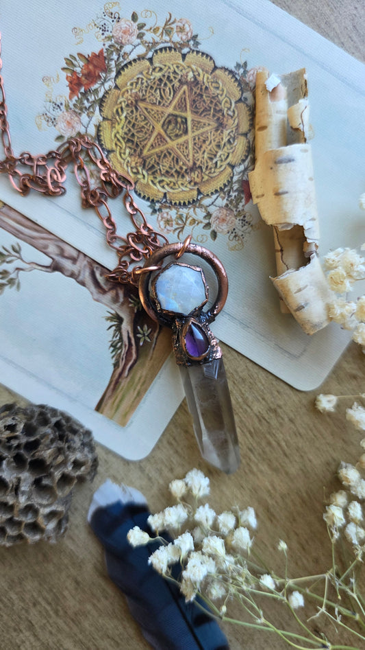 Transmute: Smokey Quartz, Moonstone and Amethyst Copper Necklace