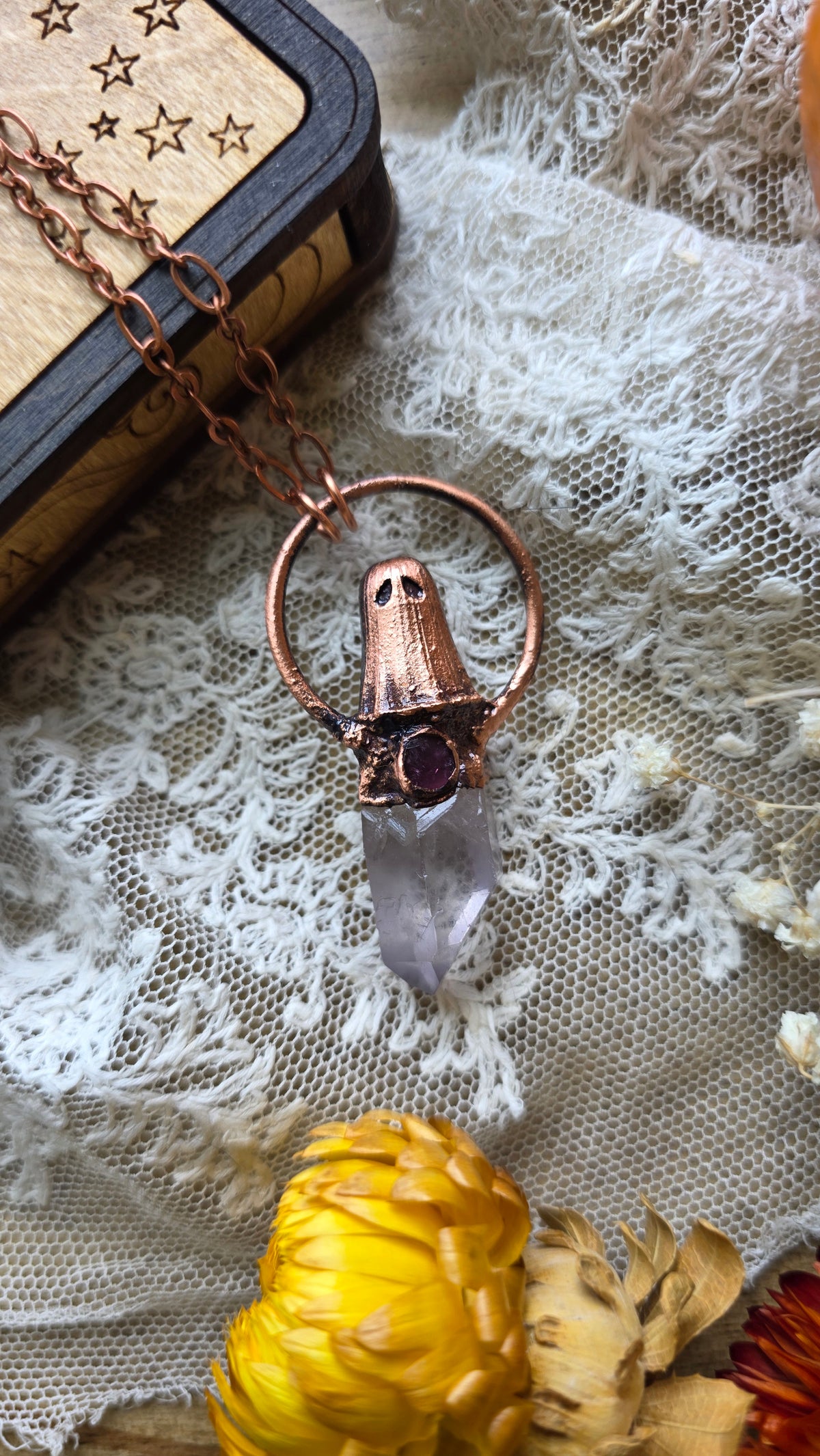 jdrewsilvers and xtwii collaboration: Quartz and Pink Tourmaline Copper Sheet Ghost Necklace