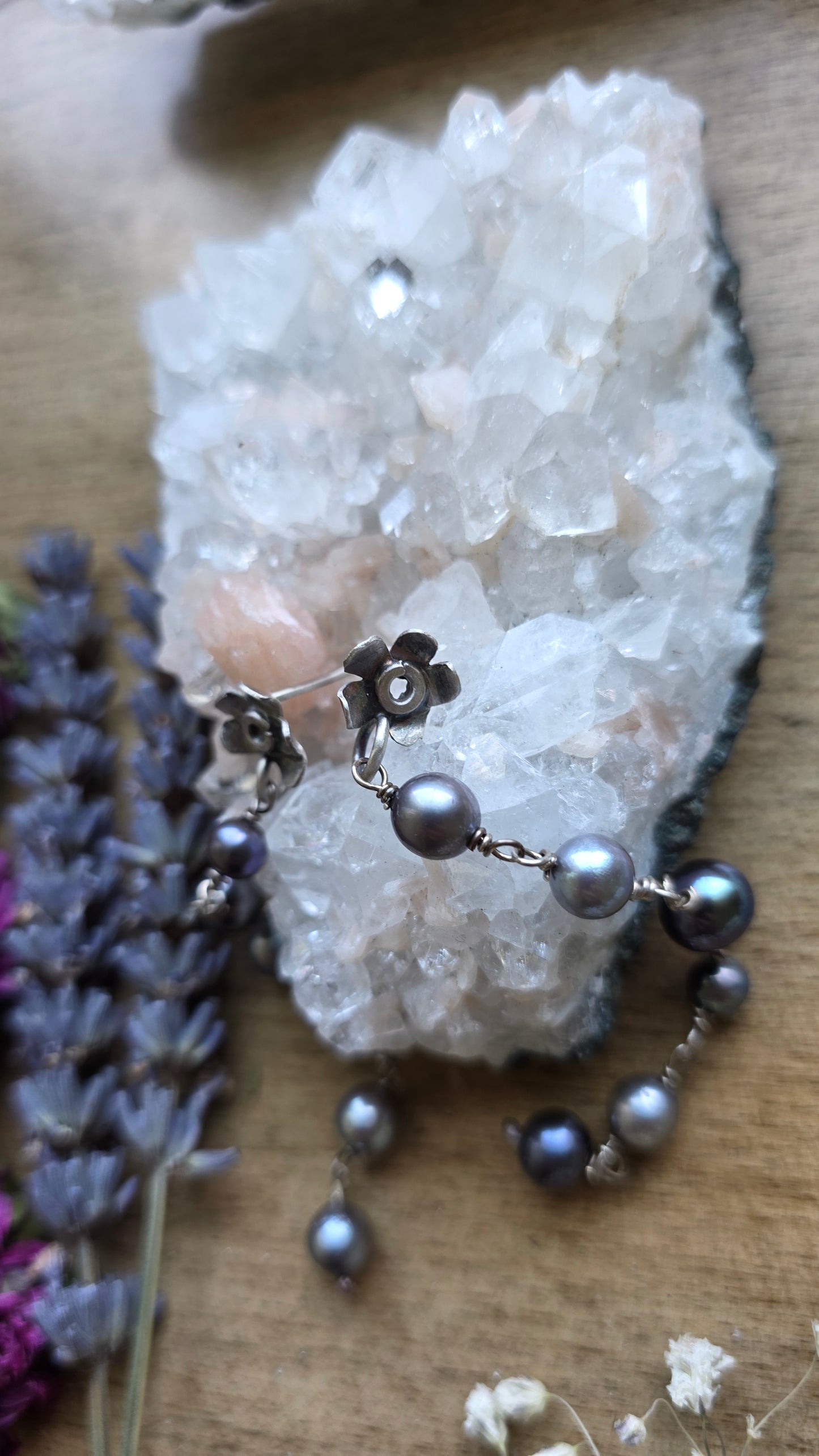 Forget-me-not Sterling Silver fabricated earrings with pearl