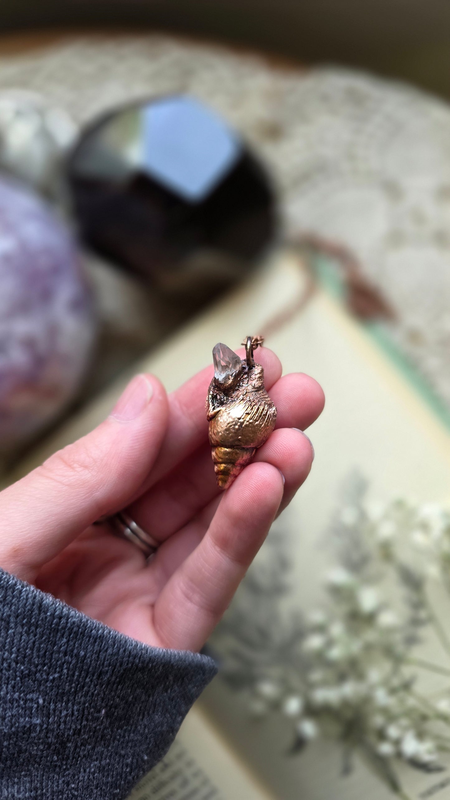 Rooted: Real Shell with Quartz Point Copper Necklace