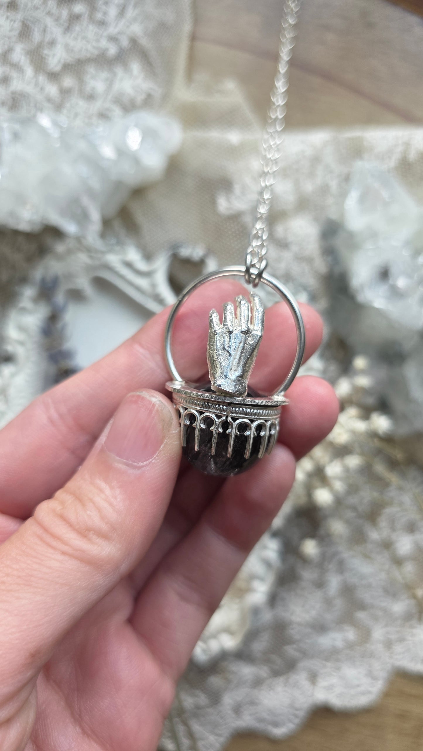 The High Priestess: Tourmalinated Quartz Sphere Sterling Silver Hand Pendant
