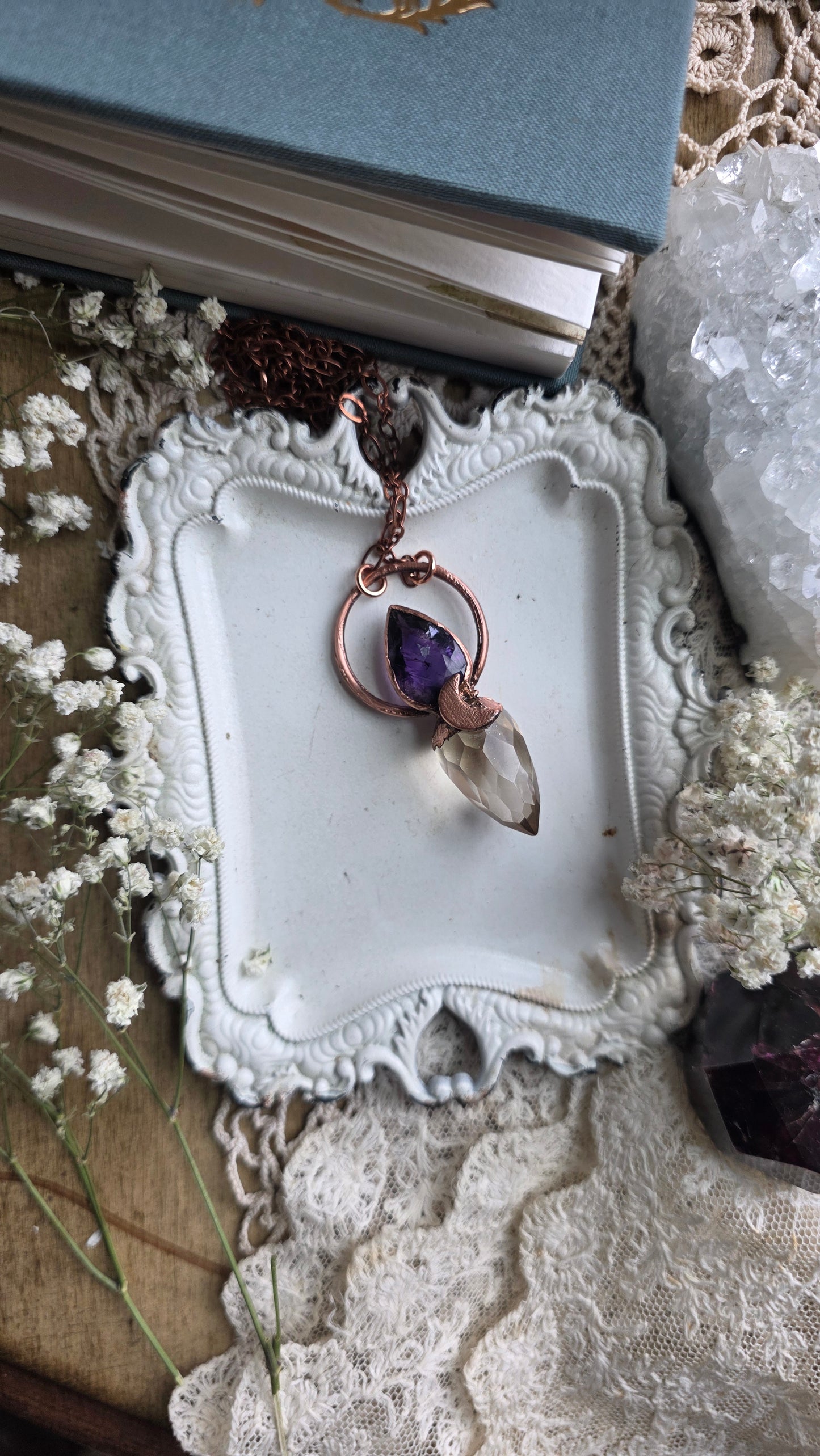 Citrine with Smokey Amethyst Copper Pendulum Necklace
