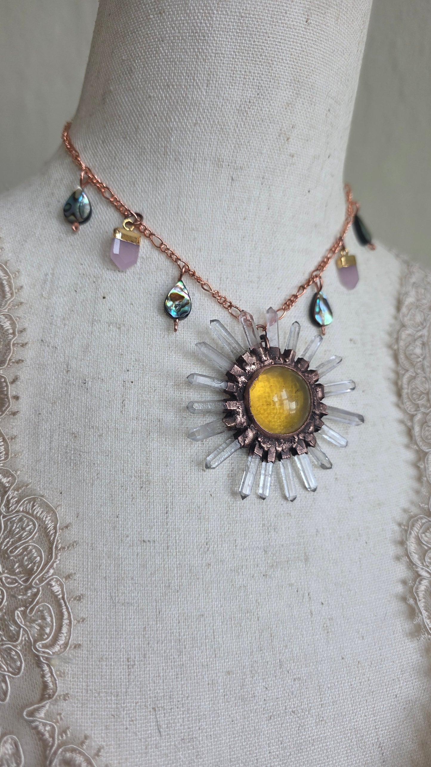 Solara: Amber Sun Copper Choker with Abalone and Rose Quartz