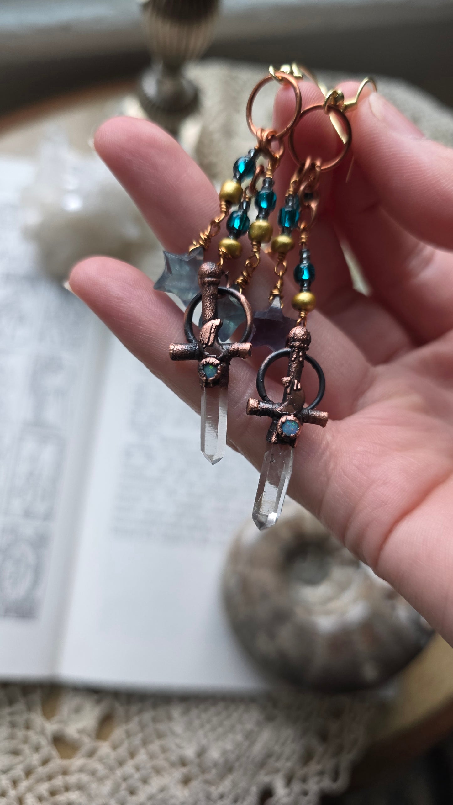Quartz sword copper earrings with Australian opal and fluorite stars