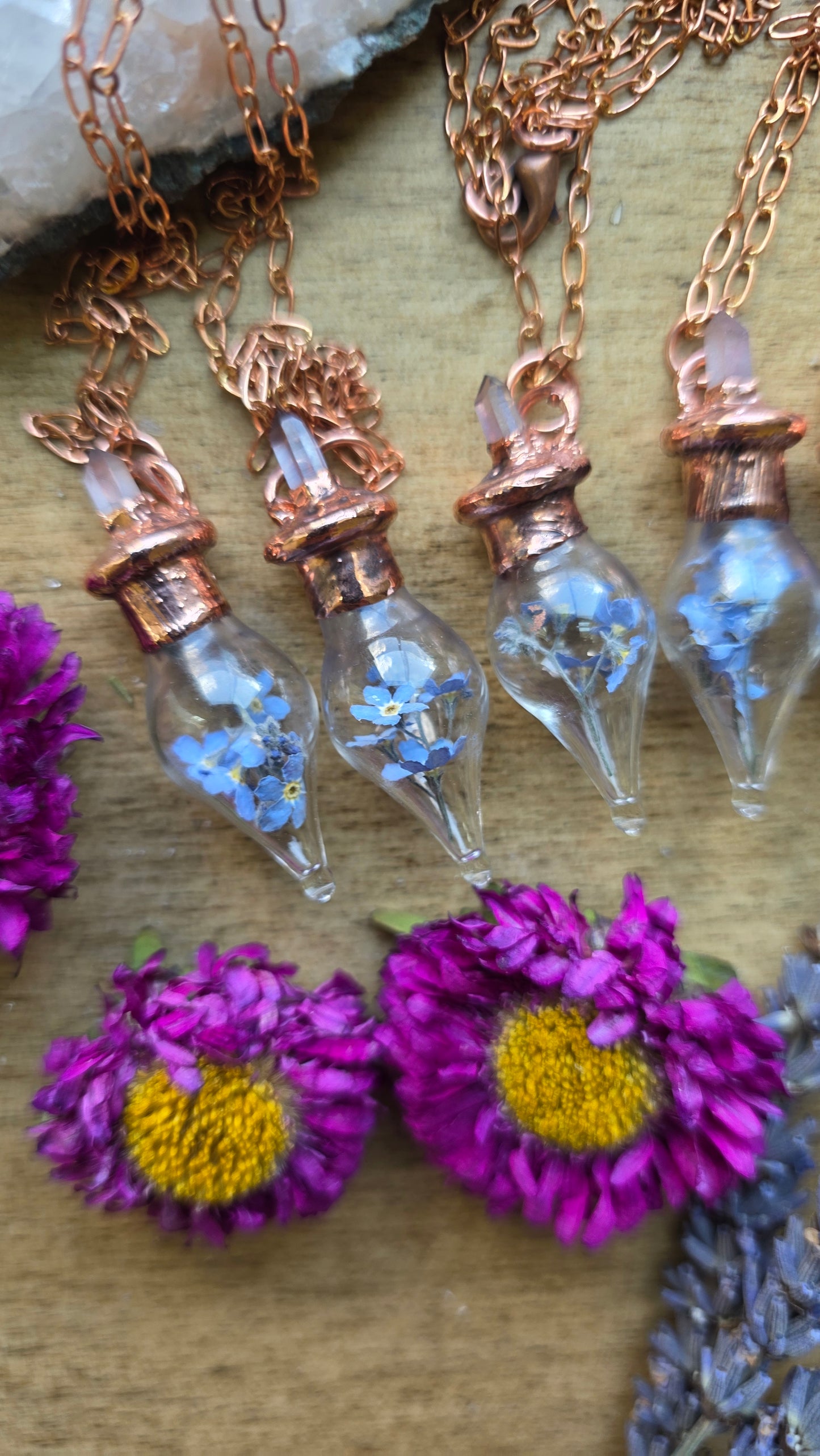 Forget-me-not copper glass vial pendant with quartz
